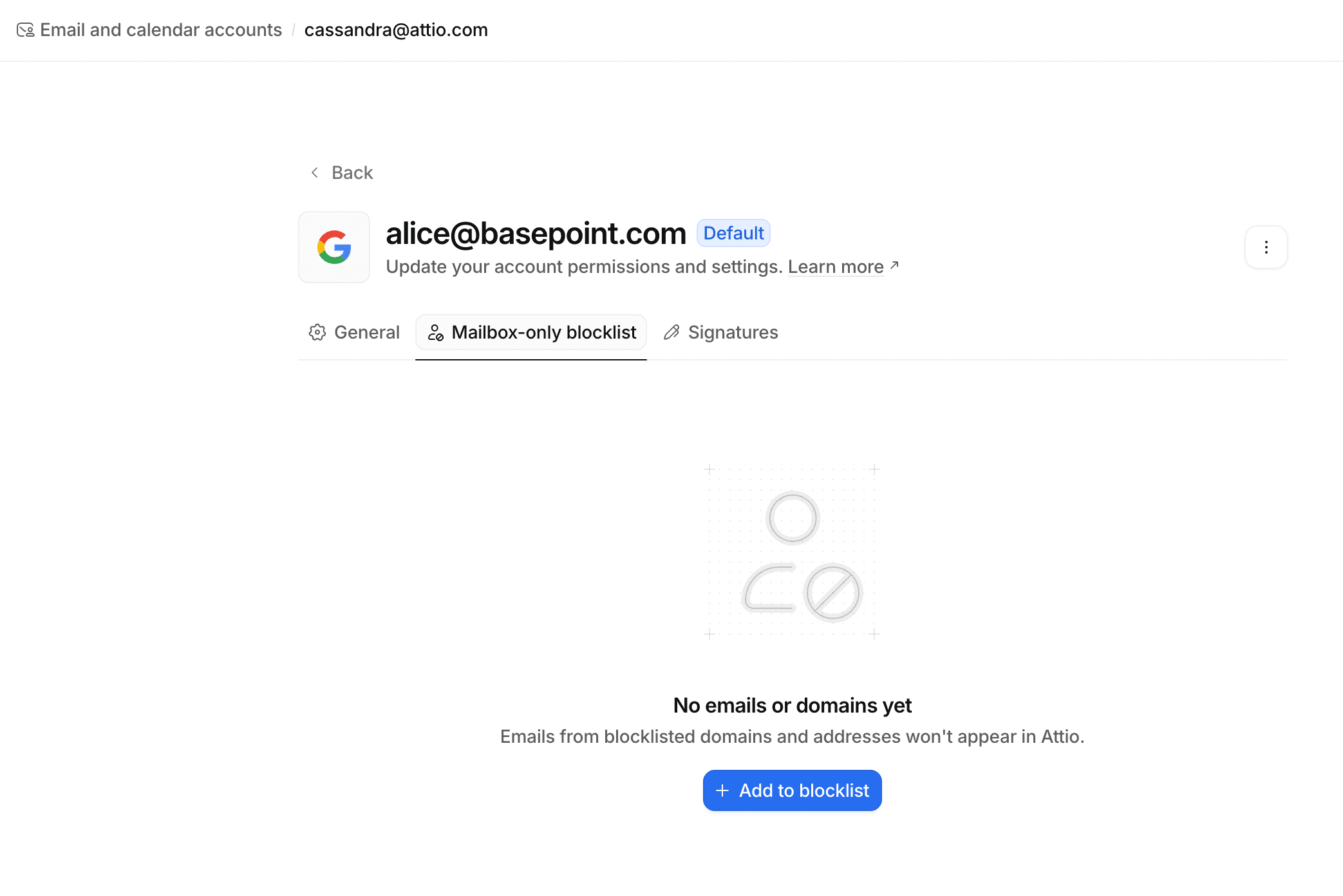 Mailbox-only blocklist tab showing option to add to blocklist