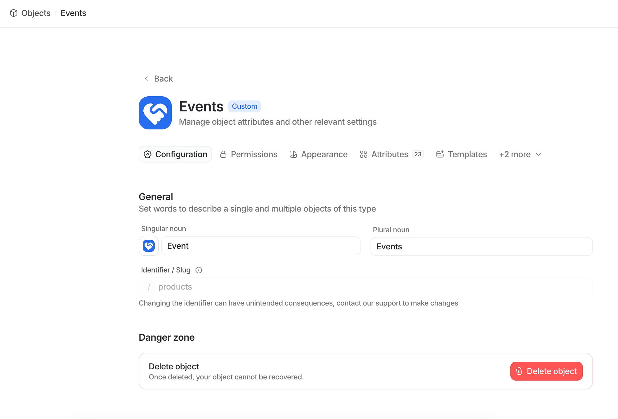 Screenshot of an "Events" configuration page, showing options for general settings, identifier, and a red "Delete object" button in the danger zone.