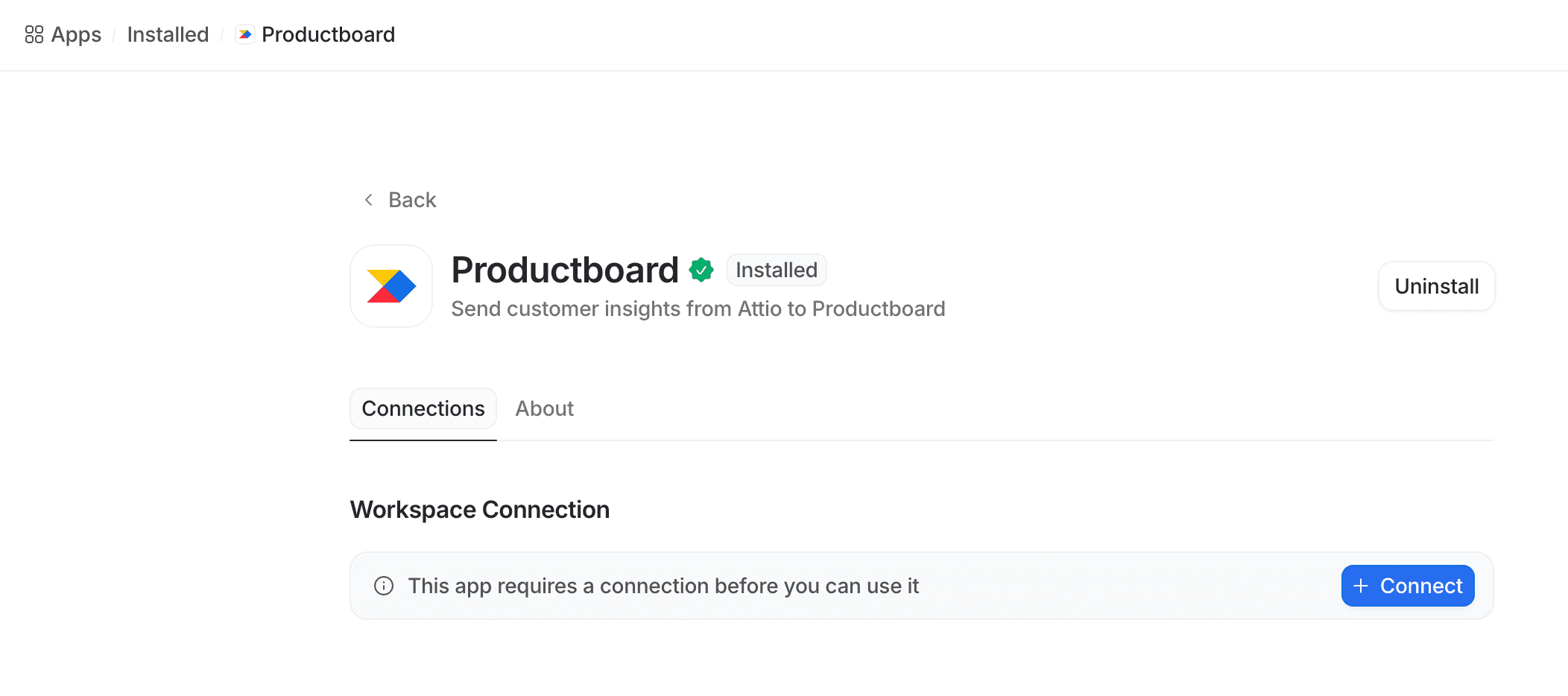 Productboard app settings with options to uninstall and connect. Shows "Workspace Connection" status needing a connection before use.
