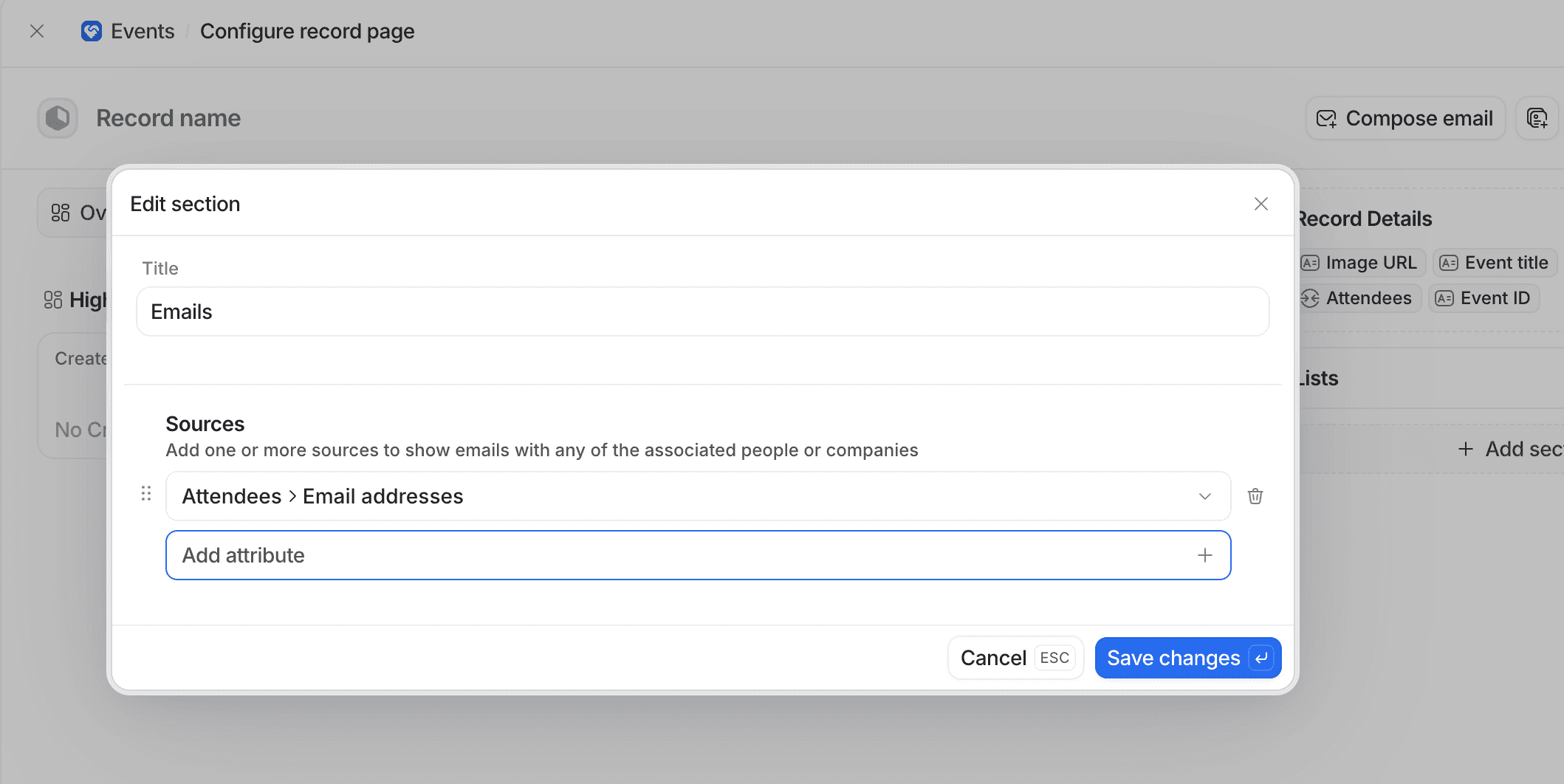 Popup window displaying email configuration with fields for title, email addresses, and attributes. Includes save and cancel buttons.