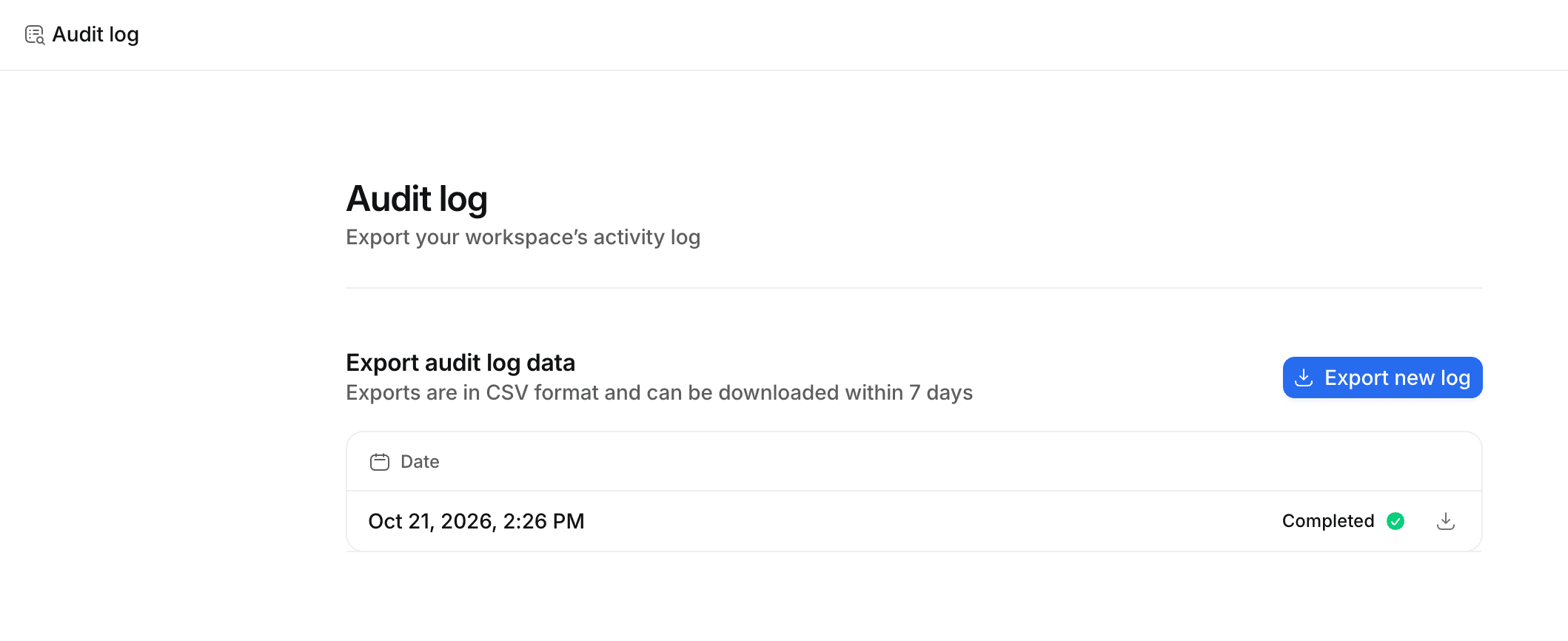 Audit log page in workspace settings with Export new log button