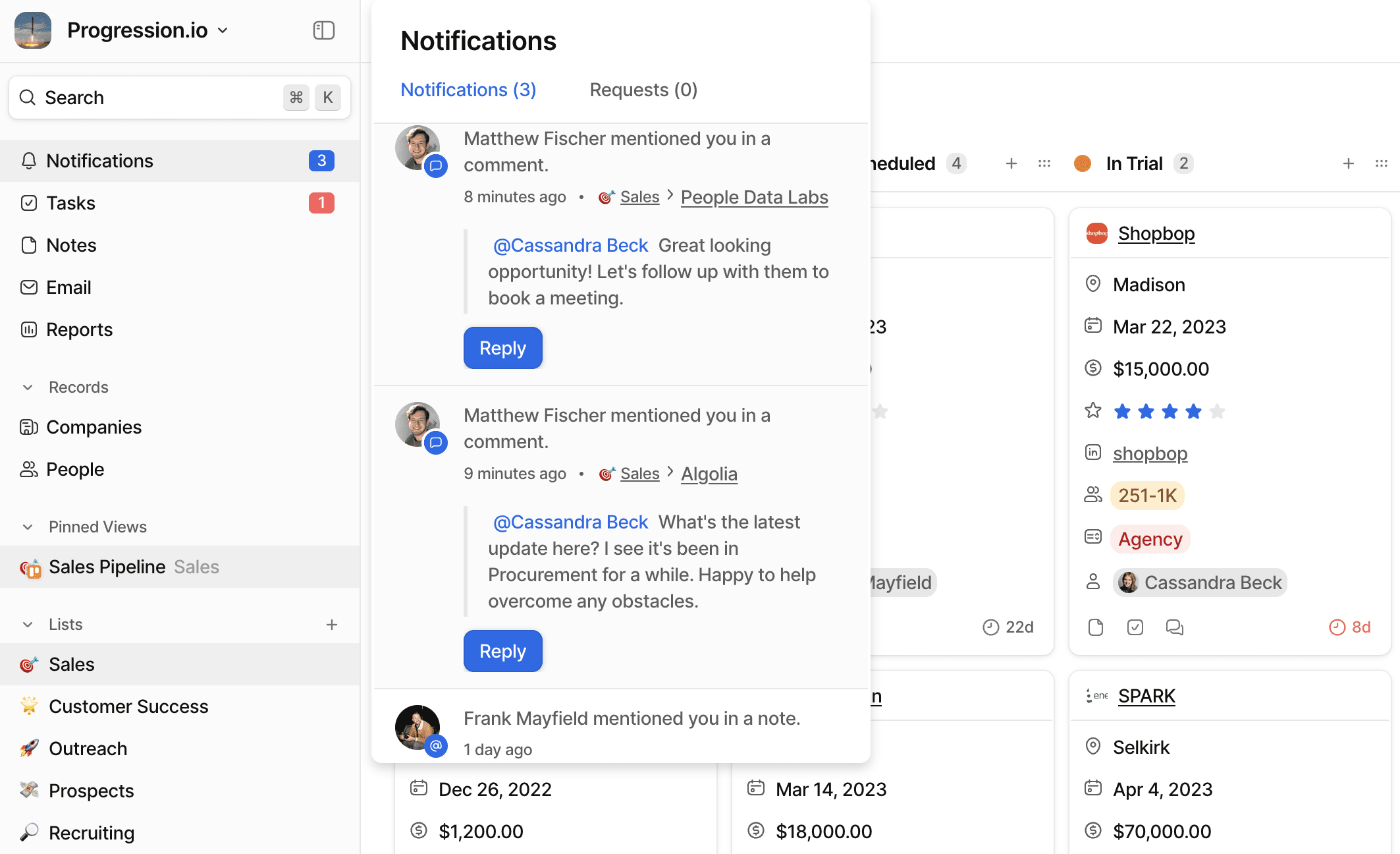 The example shows the Notifications feed in the Attio sidebar - the user has been mentioned in comments and a note.