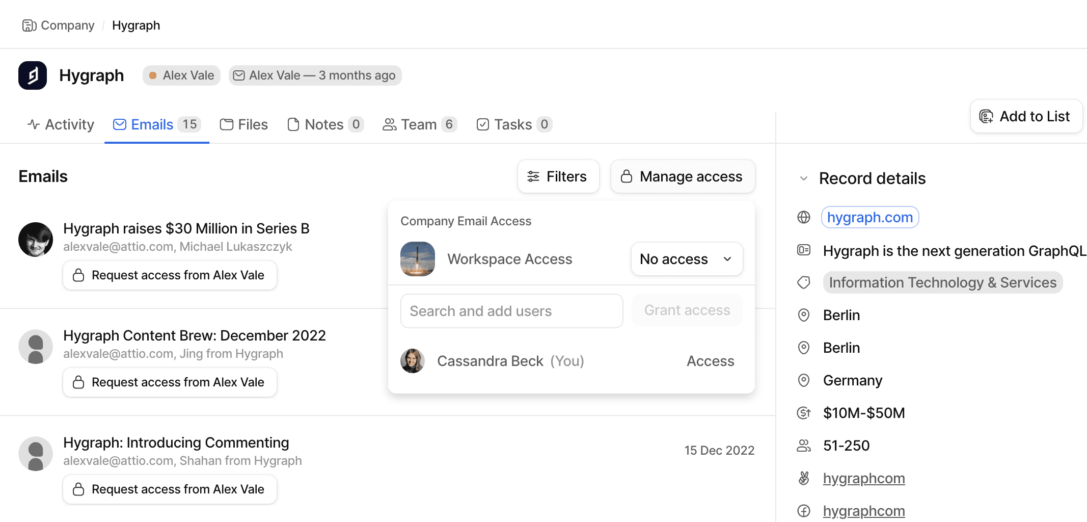 The record page of a company, showing the options to share emails for the company with the workspace, or to search for individuals to share them with.