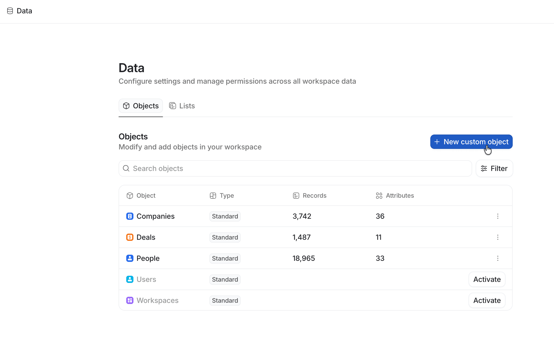 Data page showing Objects tab with blue button highlighted for creating new custom object
