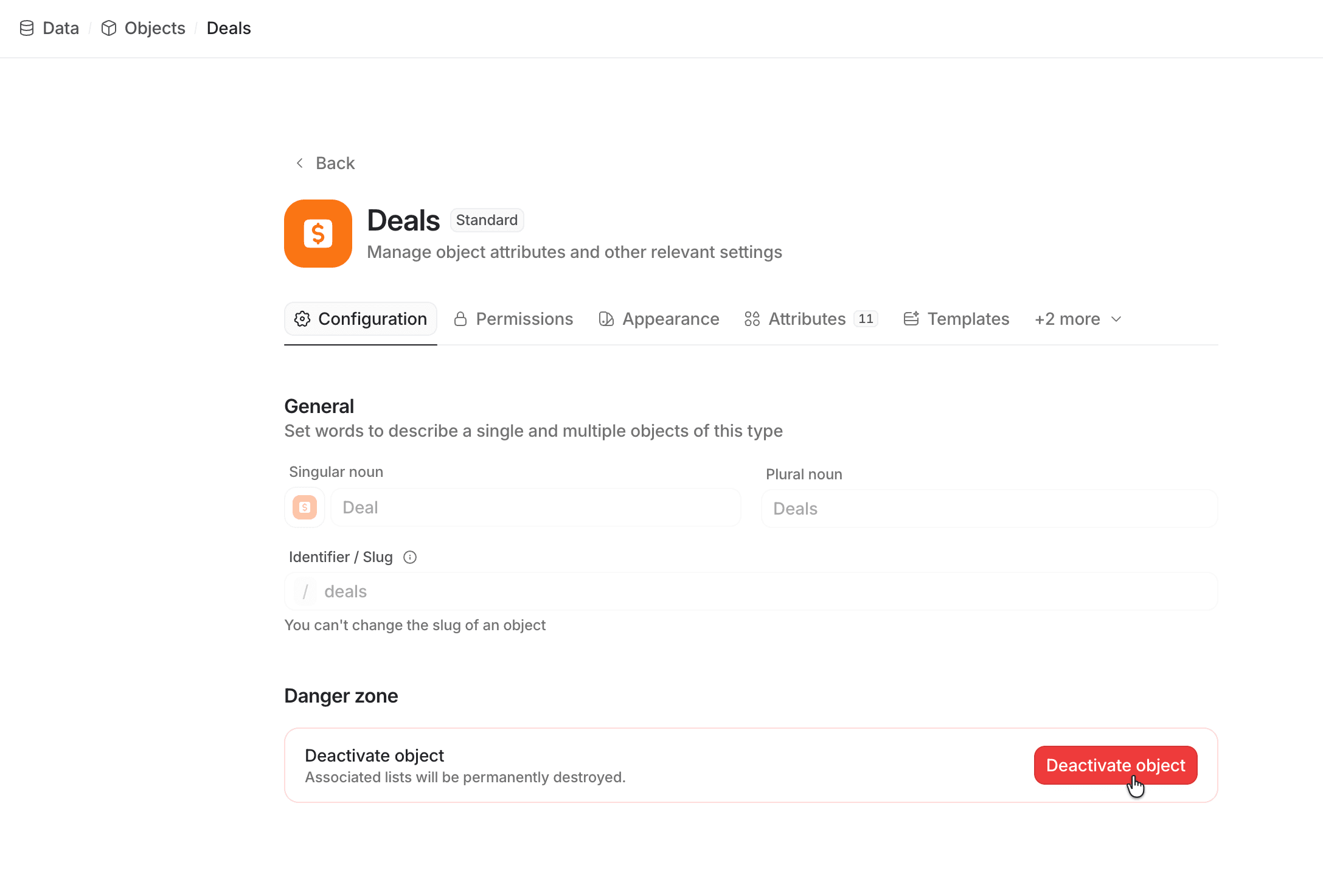 Deals object page highlighting deactivate object button at bottom