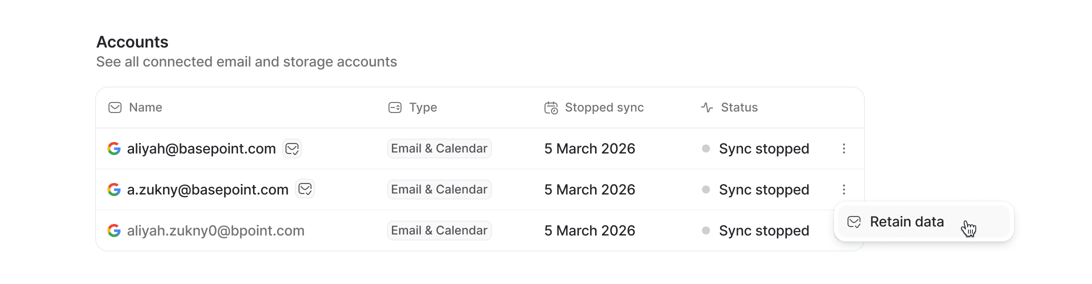 Email accounts for a suspended member showing where you can select Retain email data for an account