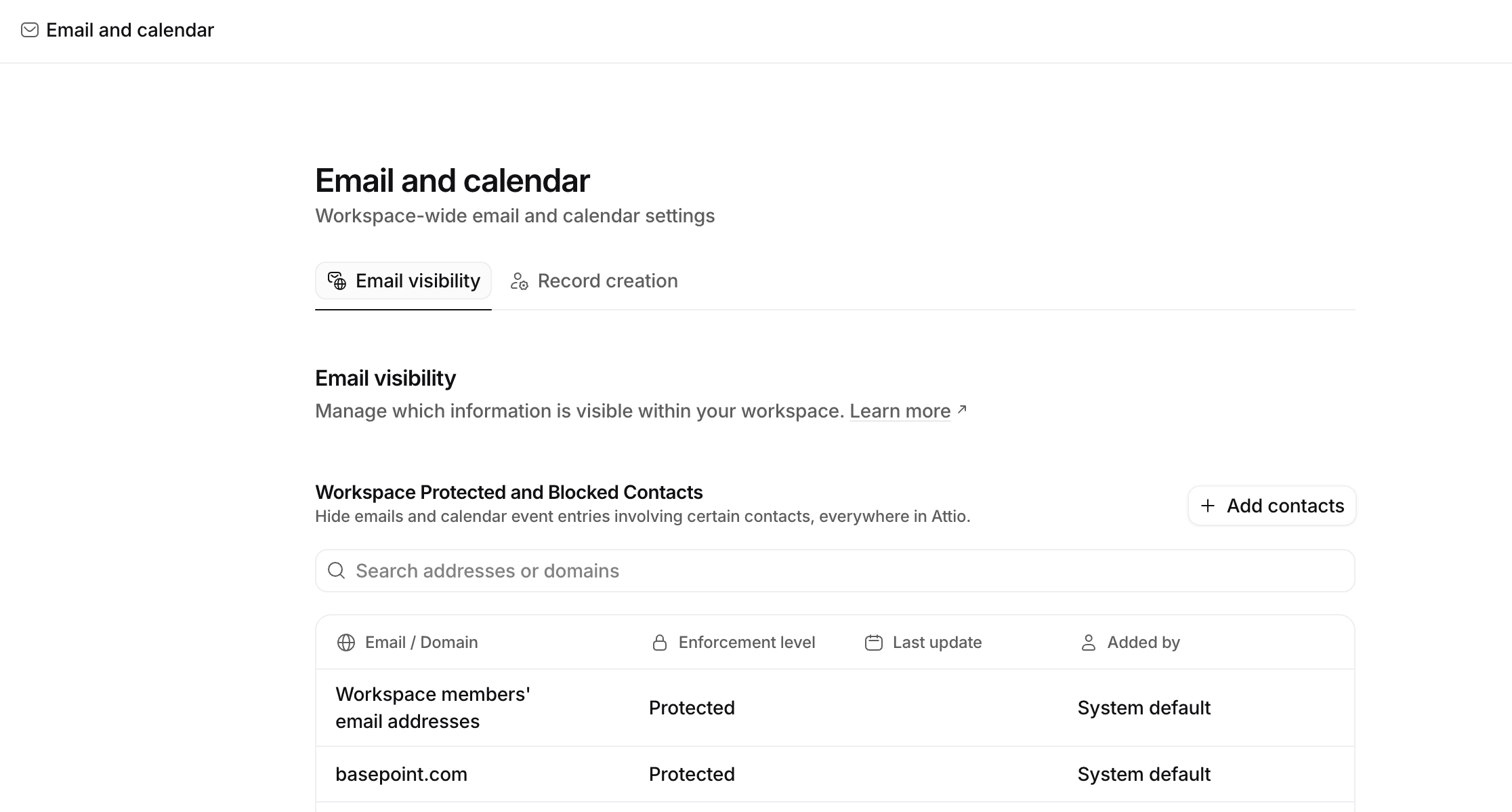 Email and calendar page in workspace settings showing option to manage workspace blocklist