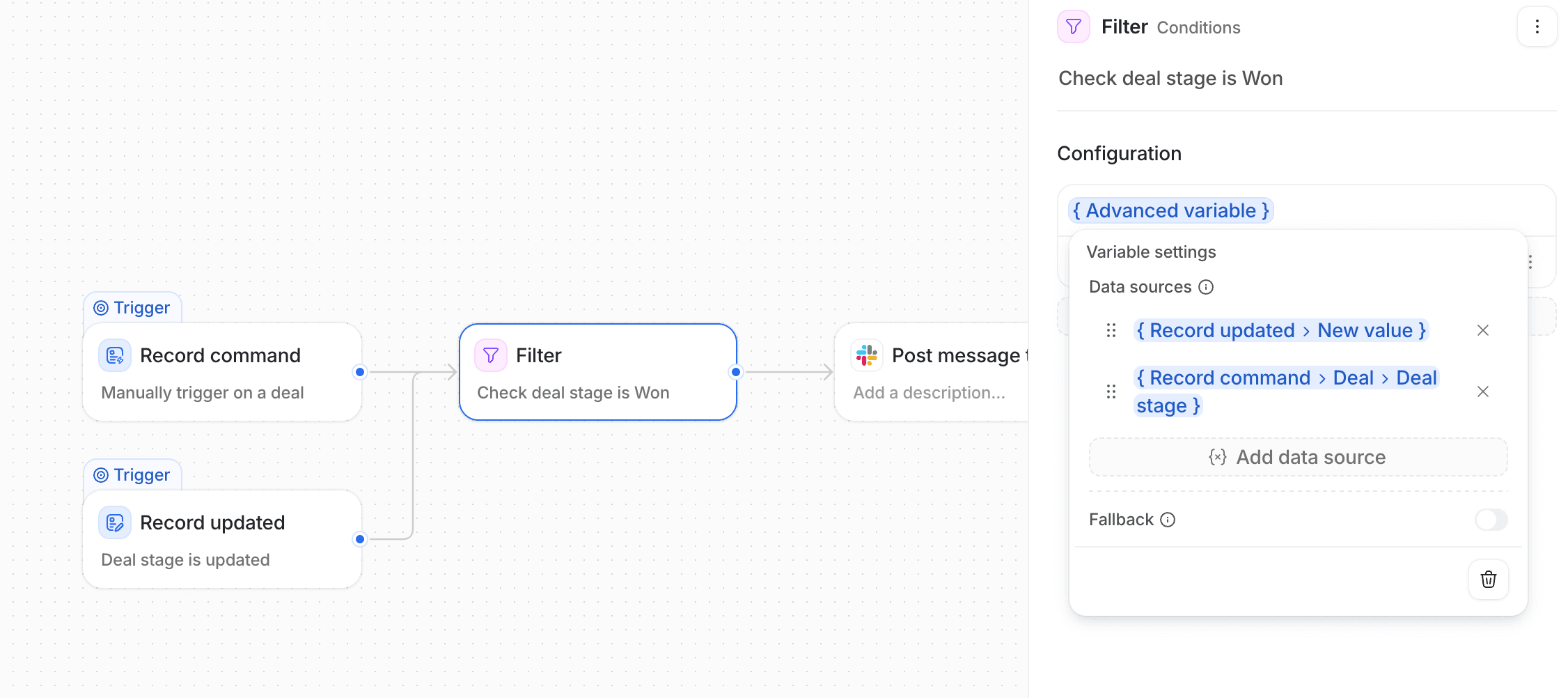Workflow builder showing two data sources set in the filter configuration