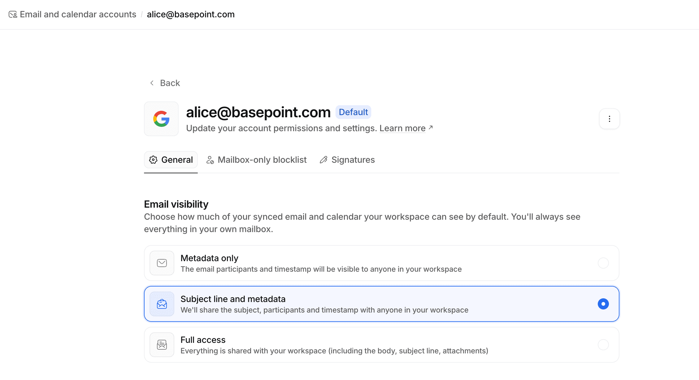 Synced email account showing options for email visibility