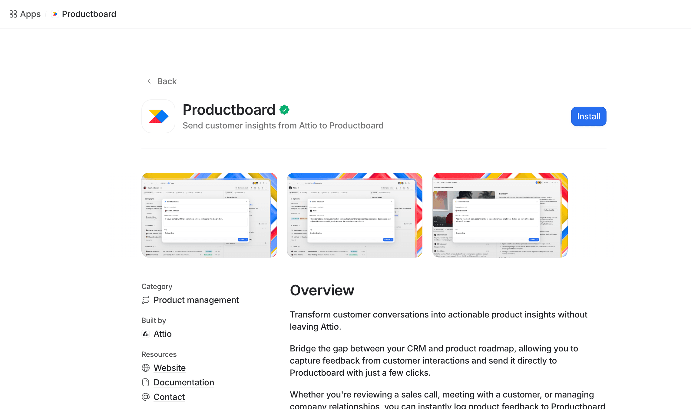 Productboard app in Attio, displaying installation options and overview details, with app interface previews.