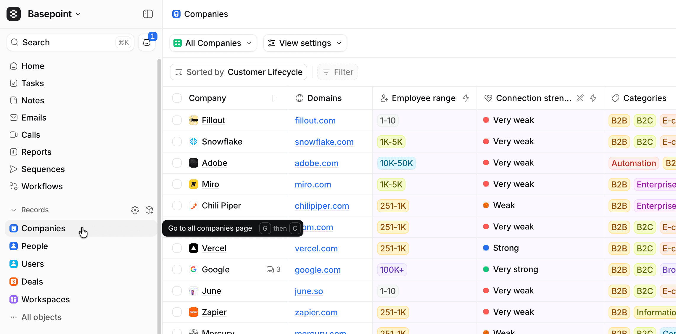 Attio sidebar with cursor over Companies page