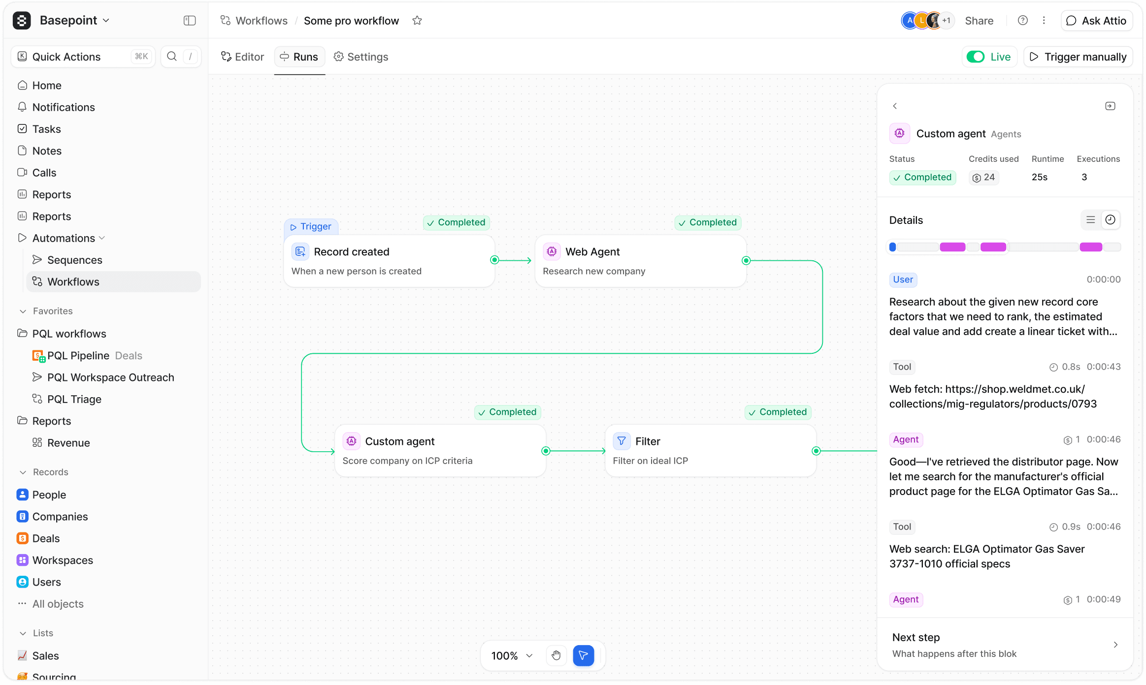 Attio workflow showing a completed custom agent run and its detailed execution log.