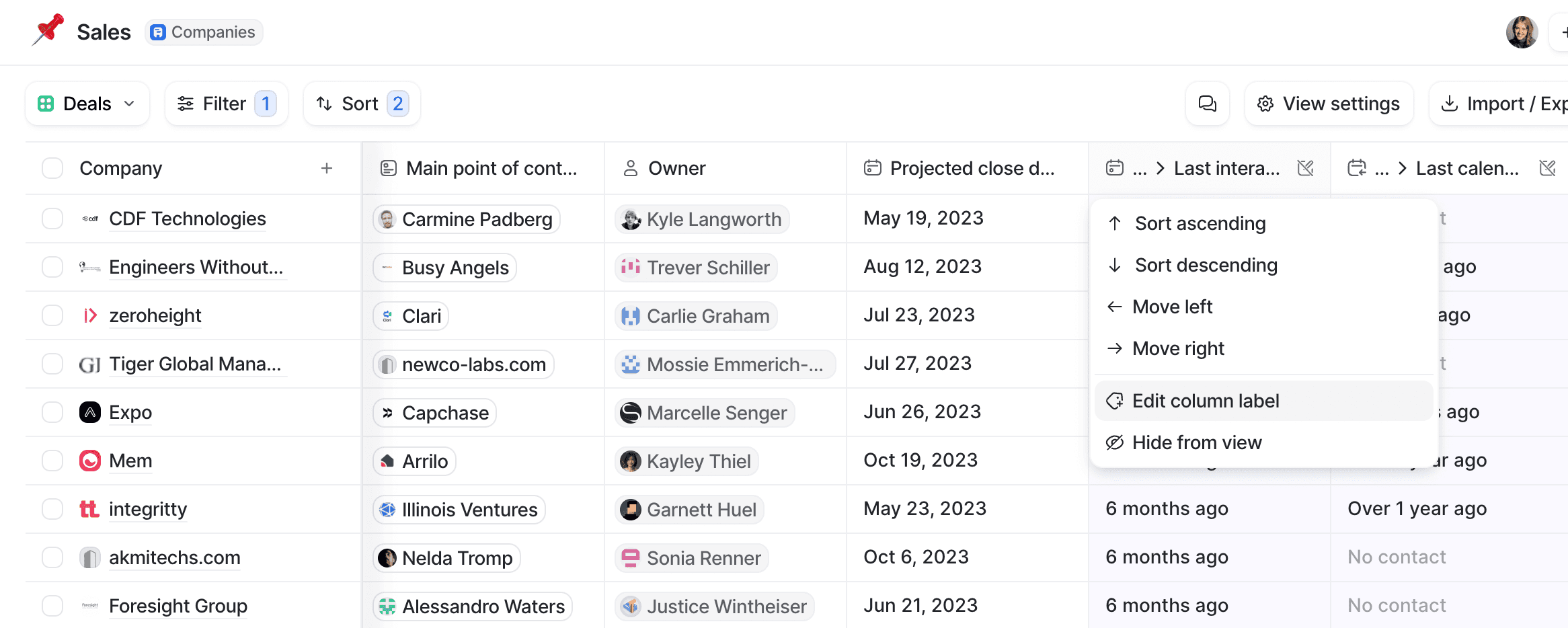 Sales list showing a dropdown menu for a column header with an option to edit the label.