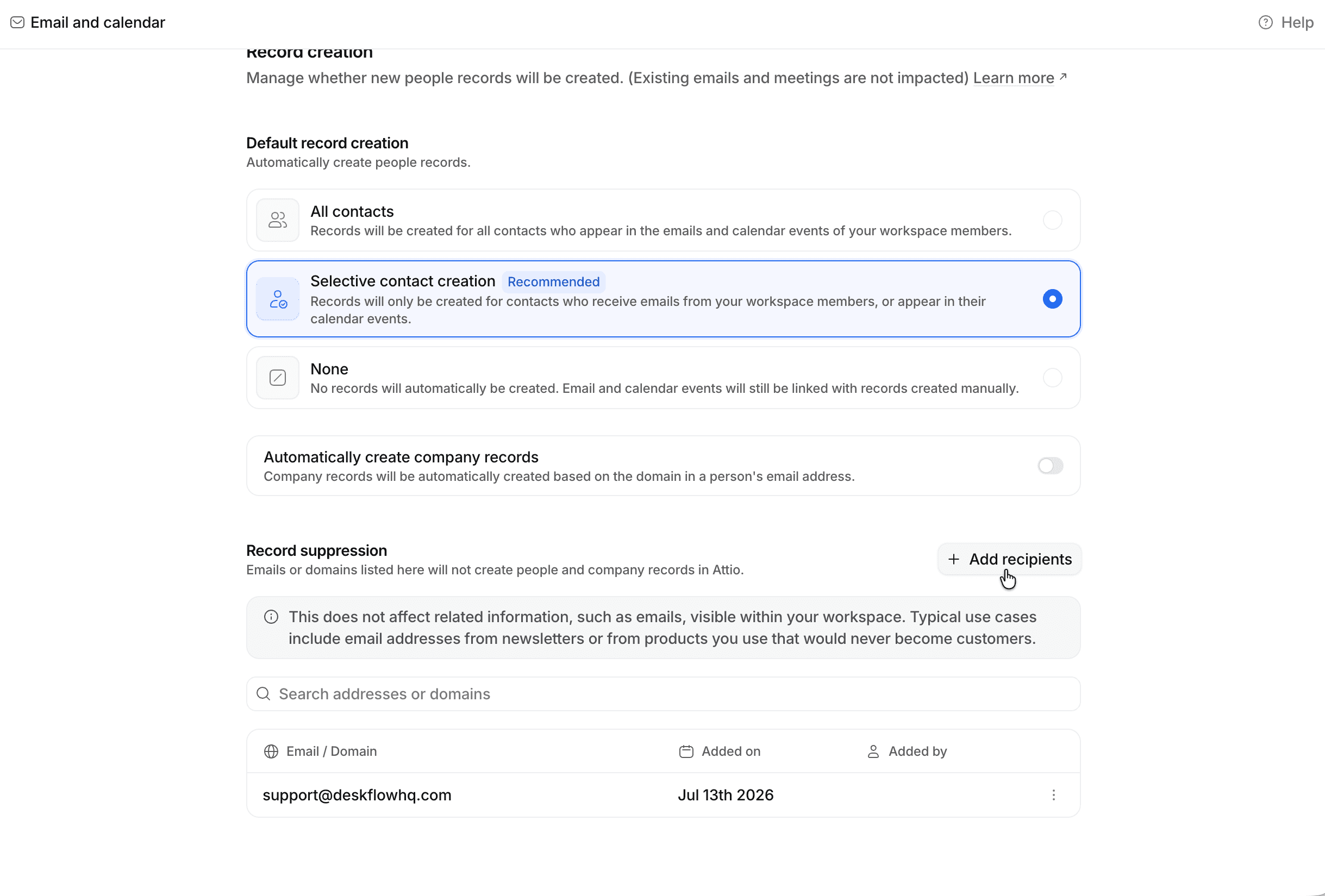Email and calendar workspace settings page, highlighting button to add record suppression recipients