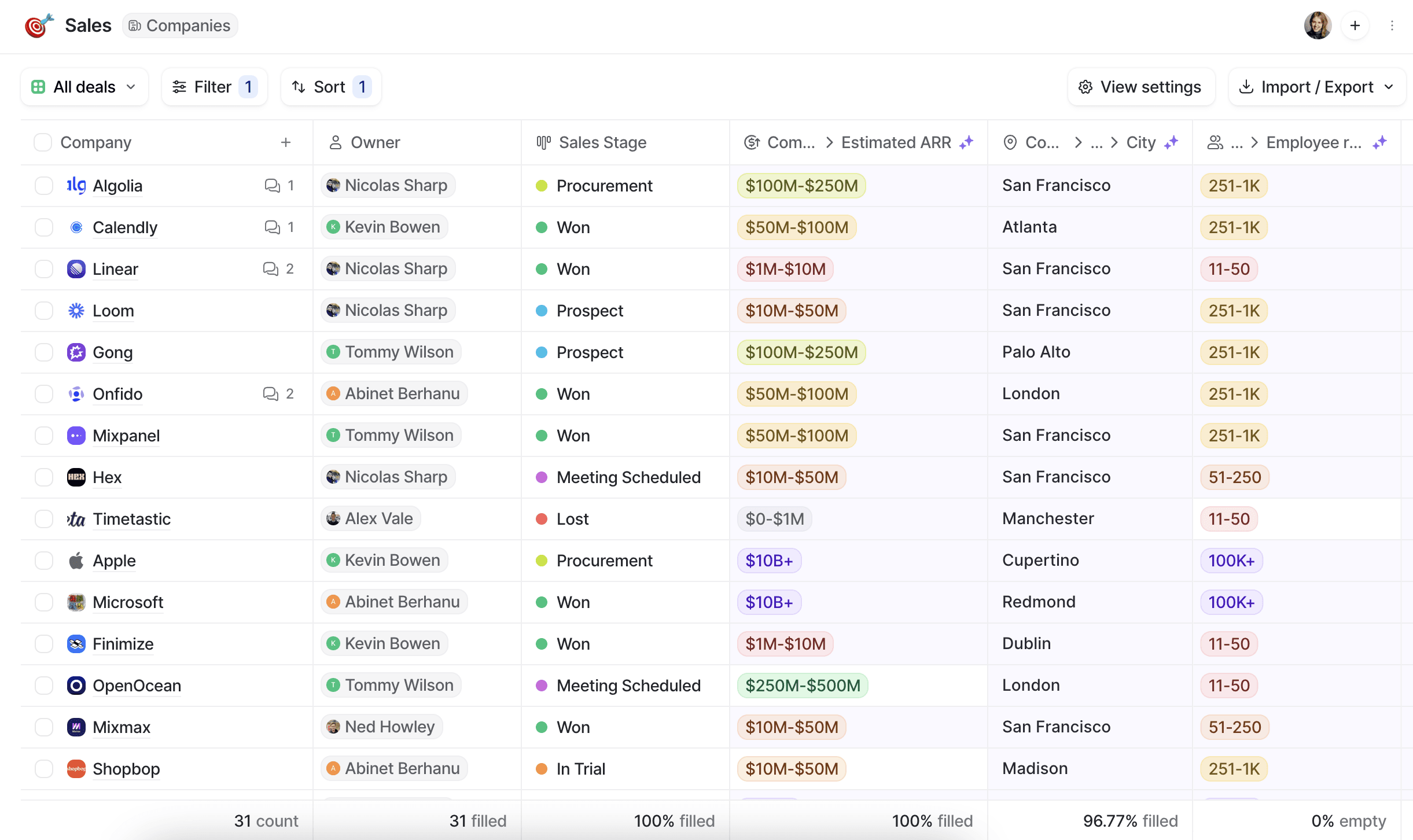 A typical table view in Attio, one of the ways to display your lists. Records are shown in a spreadsheet style, with each cell representing a different deal in a sales process.