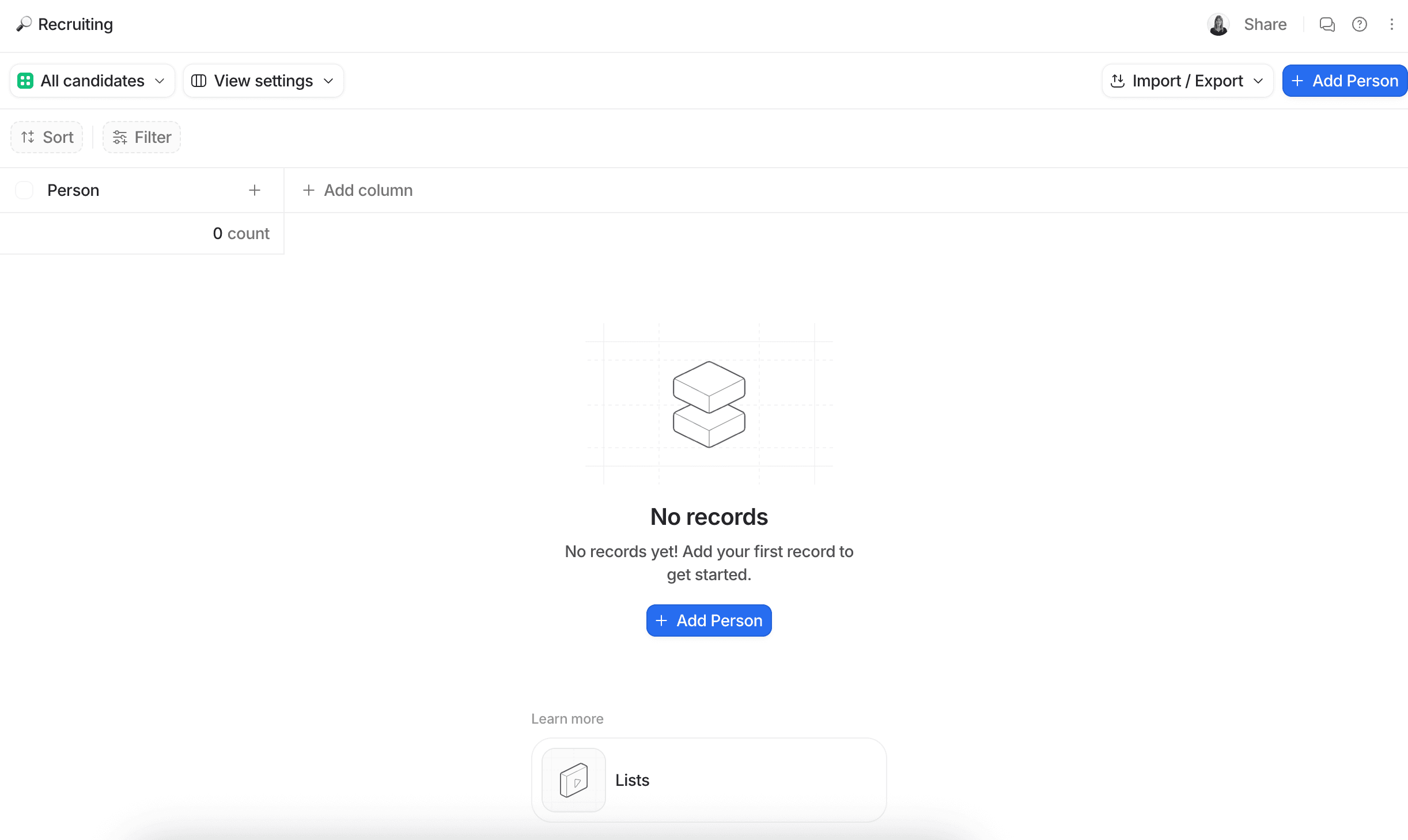 A blank recruiting list with options to add candidates, view settings, and import/export data. "No records" message displayed.