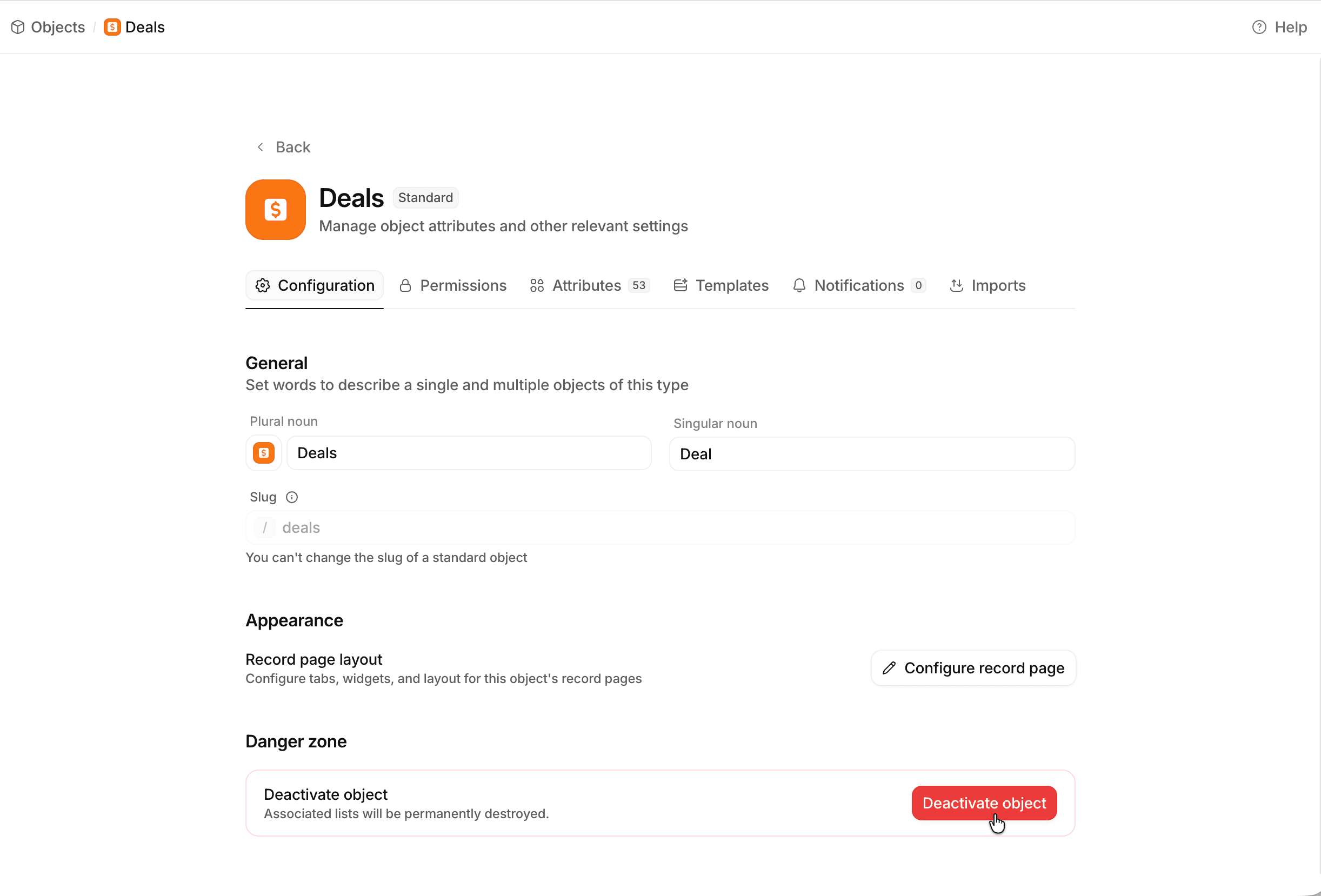 Deals object page highlighting deactivate object button at bottom