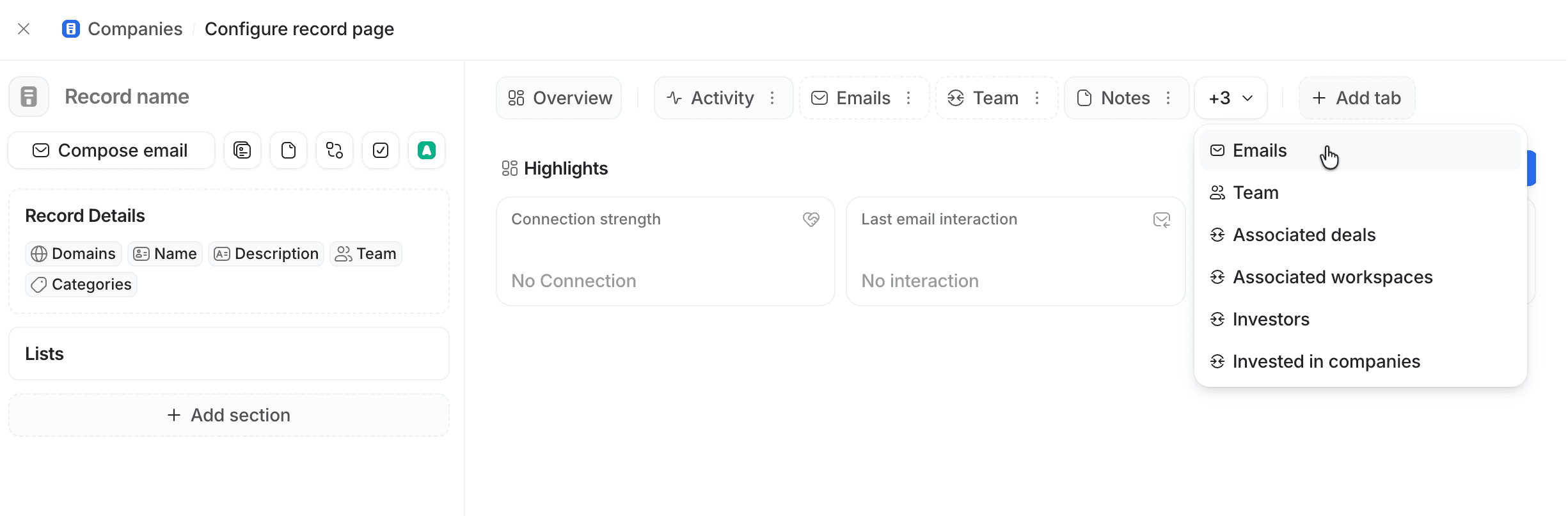 Record page configuration highlighting option to add tabs