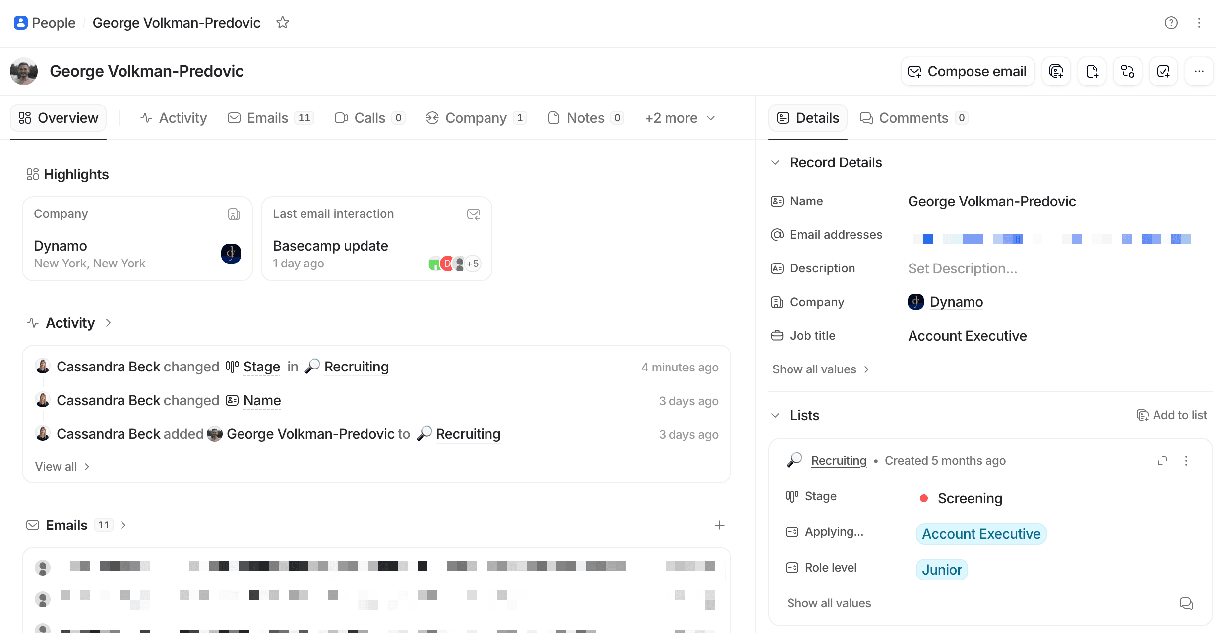 Person record page displaying contact details, highlighting recent activity, emails, and recruitment stage updates.