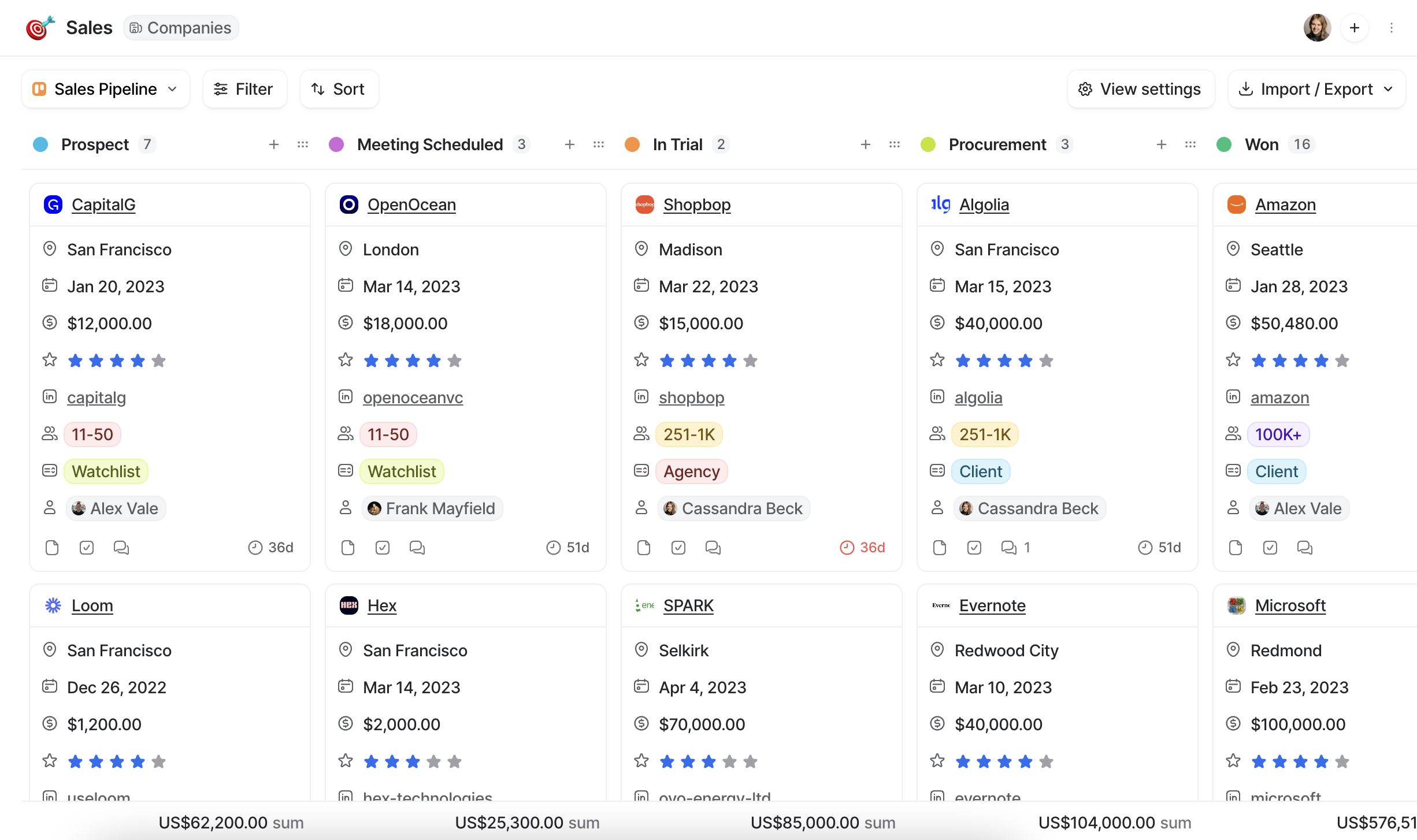 A typical kanban view in Attio - cards representing people and companies are tracked through various stages