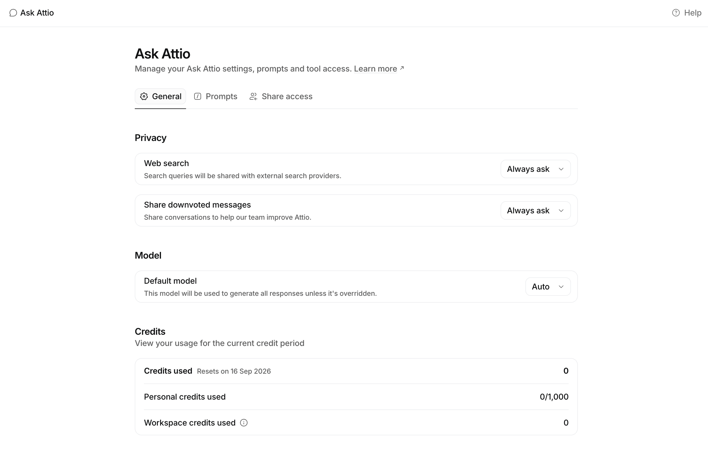 Ask Attio settings page showing privacy, model, and credits configurations