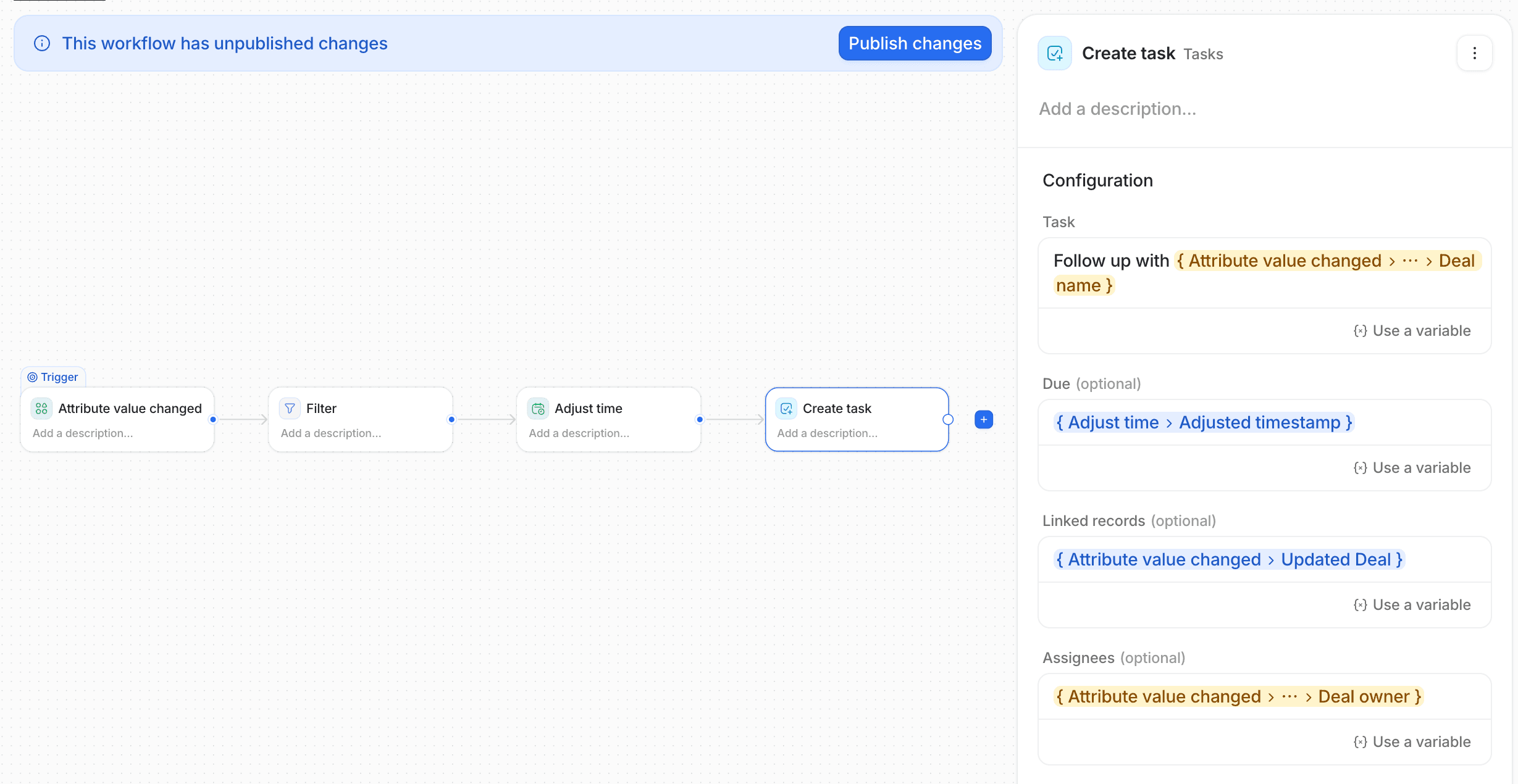 Create task block with all inputs filled in using variables to reference data from previous blocks
