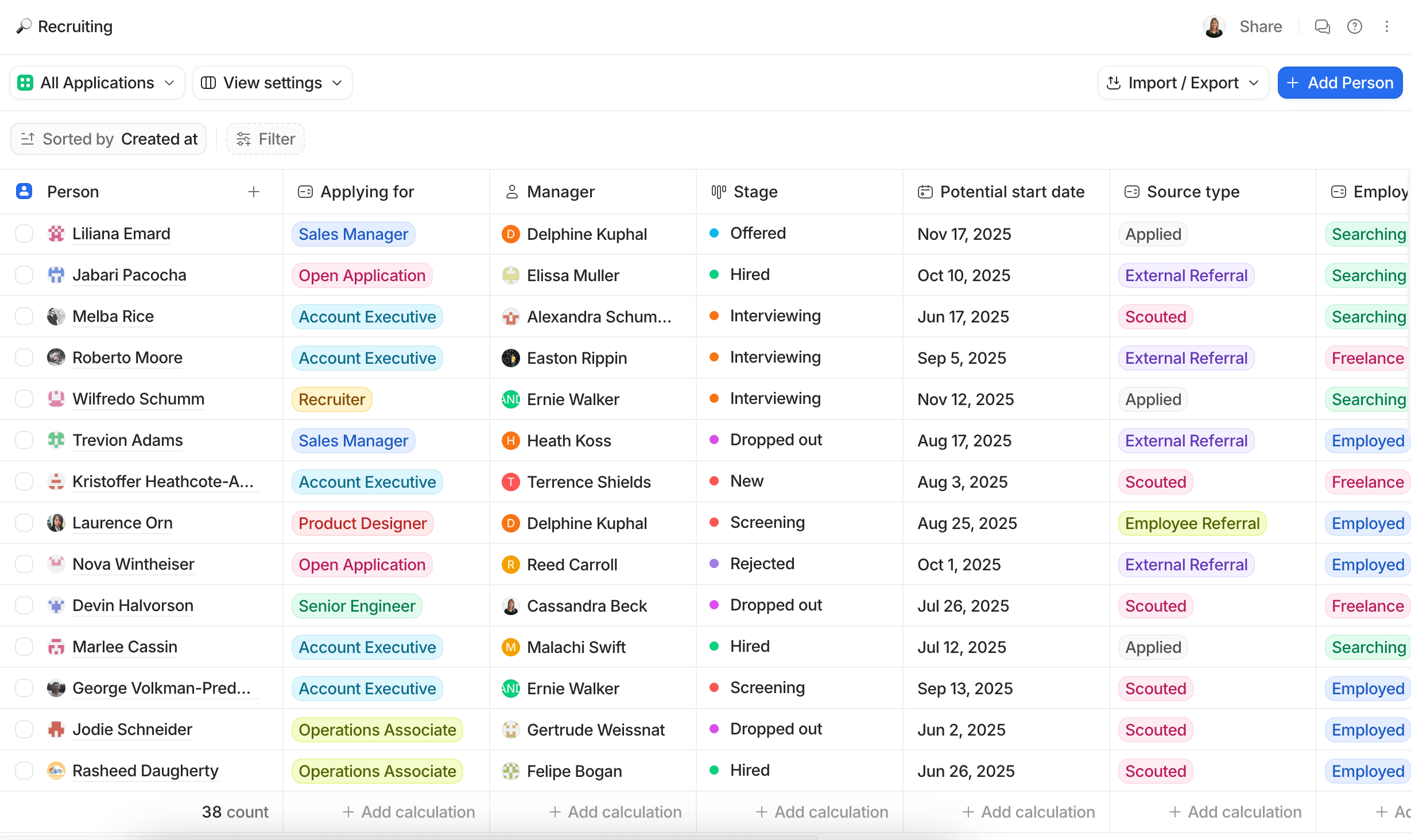 Table view of list displaying a recruitment process with columns for name, applying for, manager, stage, potential start date, and source type.