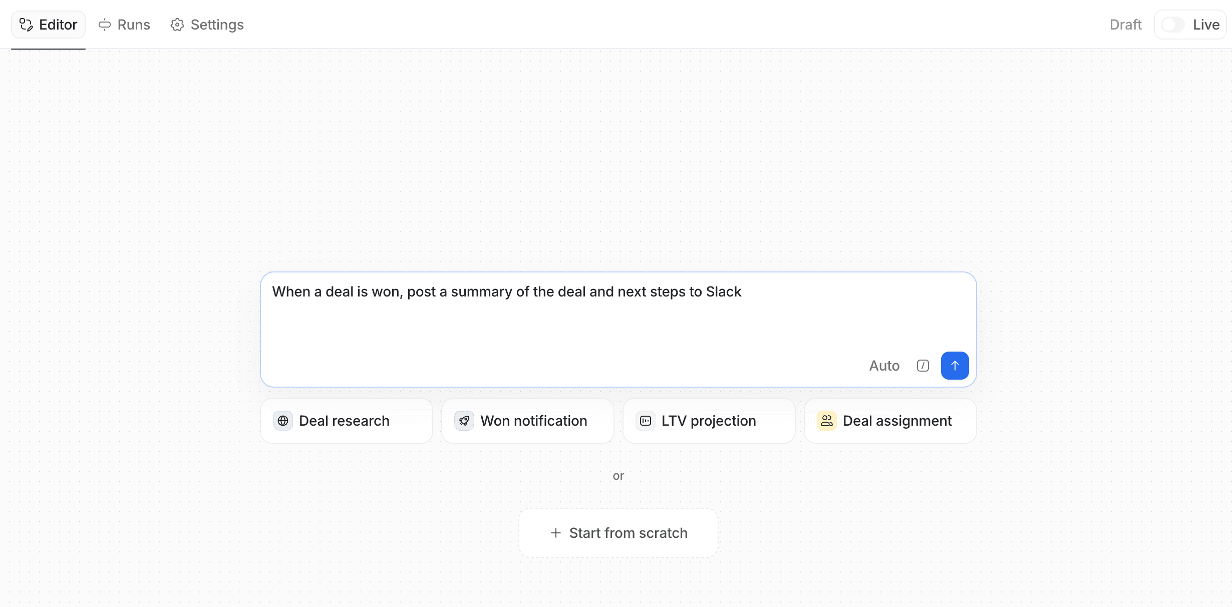 Workflow canvas with Ask Attio AI agent workflow builder prompt
