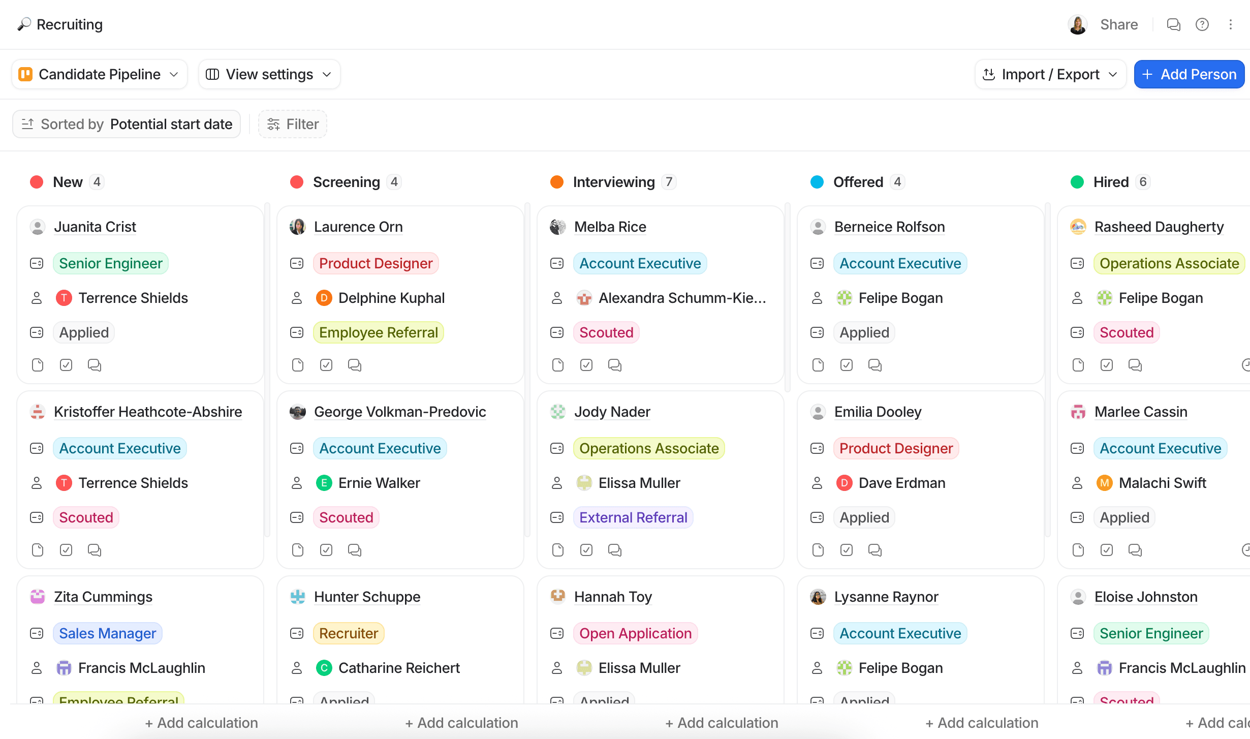 Recruitment pipeline kanban showing stages: Lead, Screening, Interviewing, Offered, Hired. Candidates listed with roles and status updates.