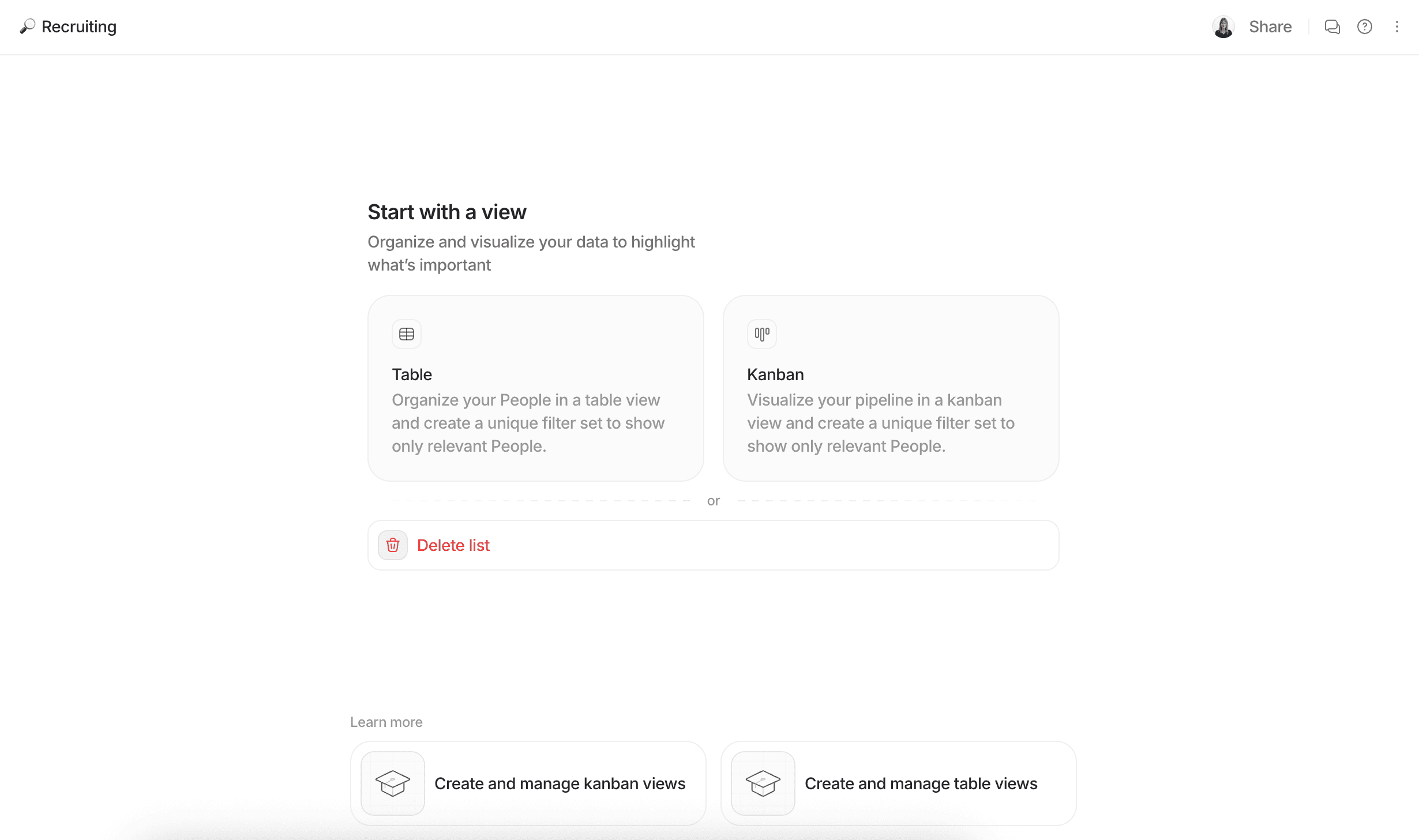 Options to create and manage kanban and table views, with buttons for learning more and deleting a list.