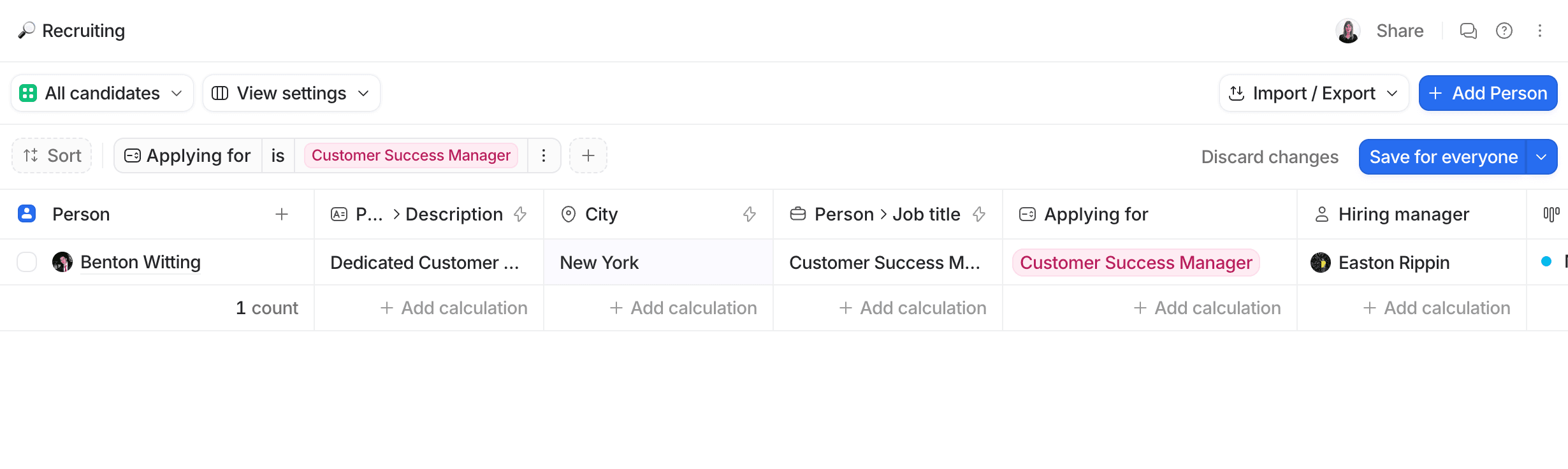 Recruitment tracker with columns for candidate details, including name, city, job title, and hiring manager.