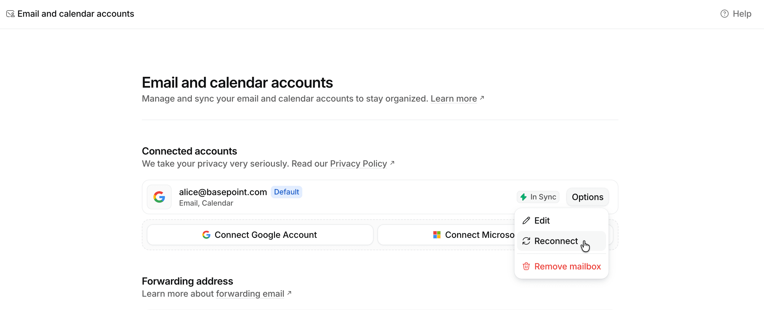 Synced Google account showing option to reconnect