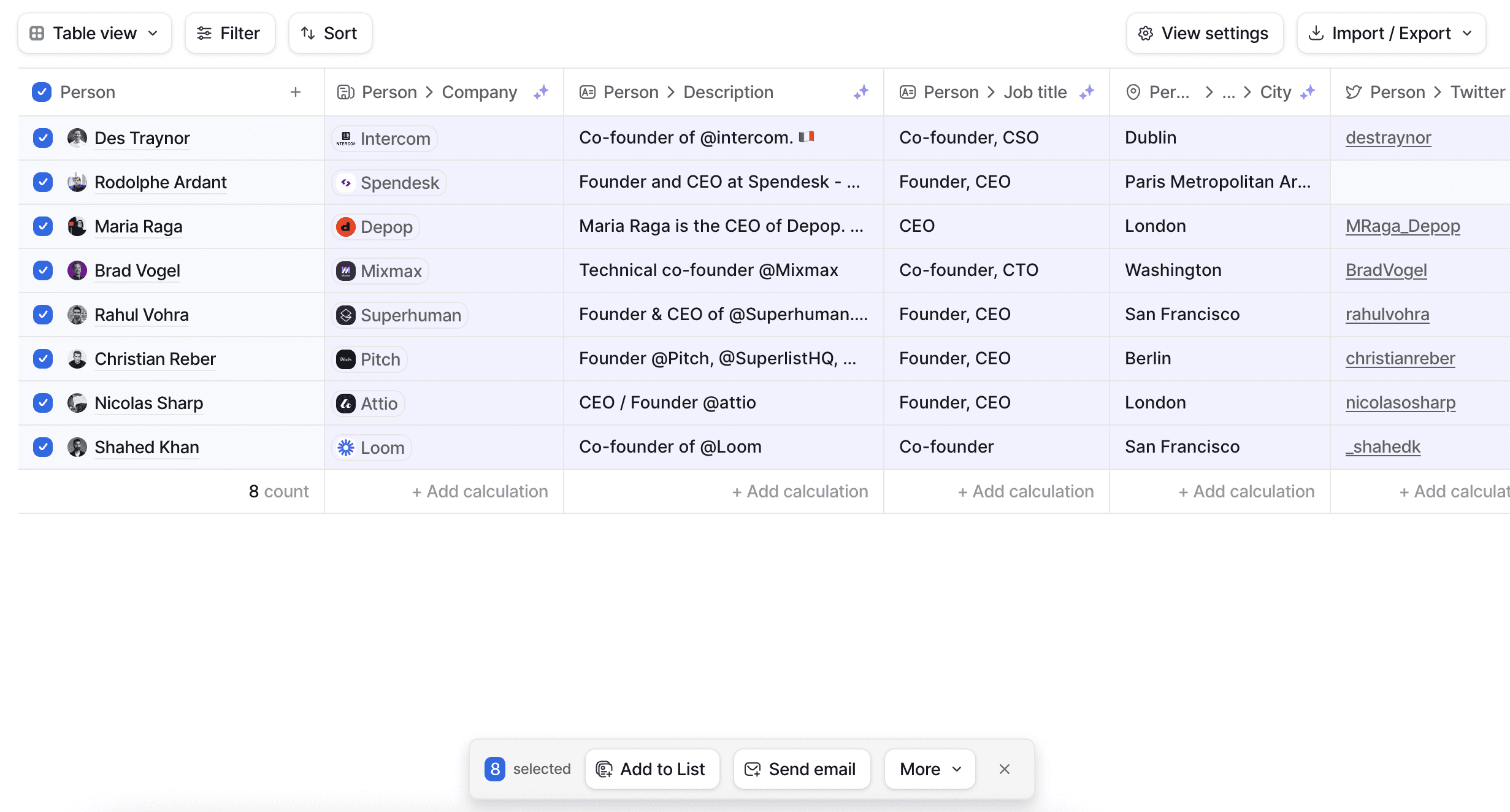 A list showing 8 people records with checkboxes selected next to their names, and a "Send email" button at the bottom in a toolbar.