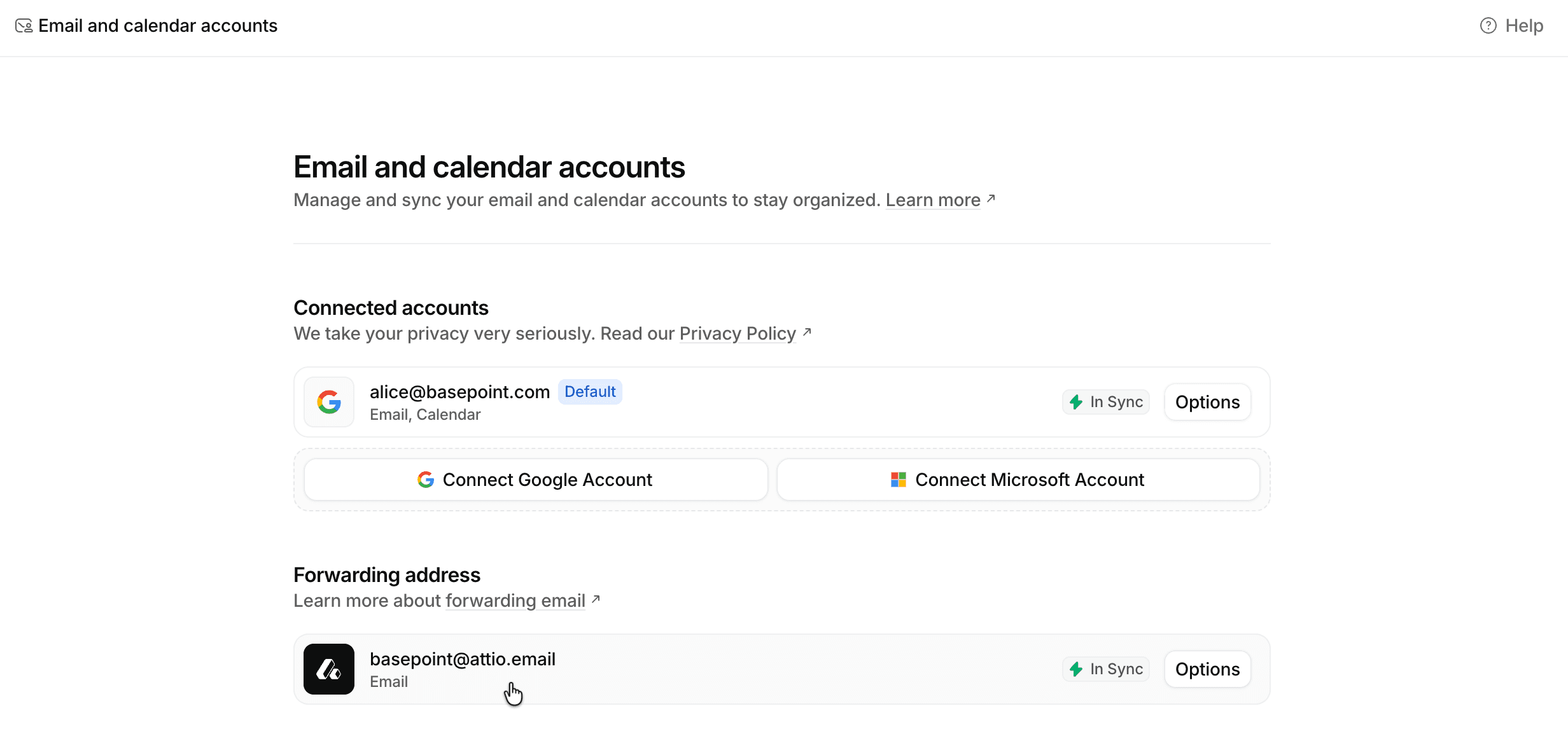 Email and calendar accounts page showing forwarding address