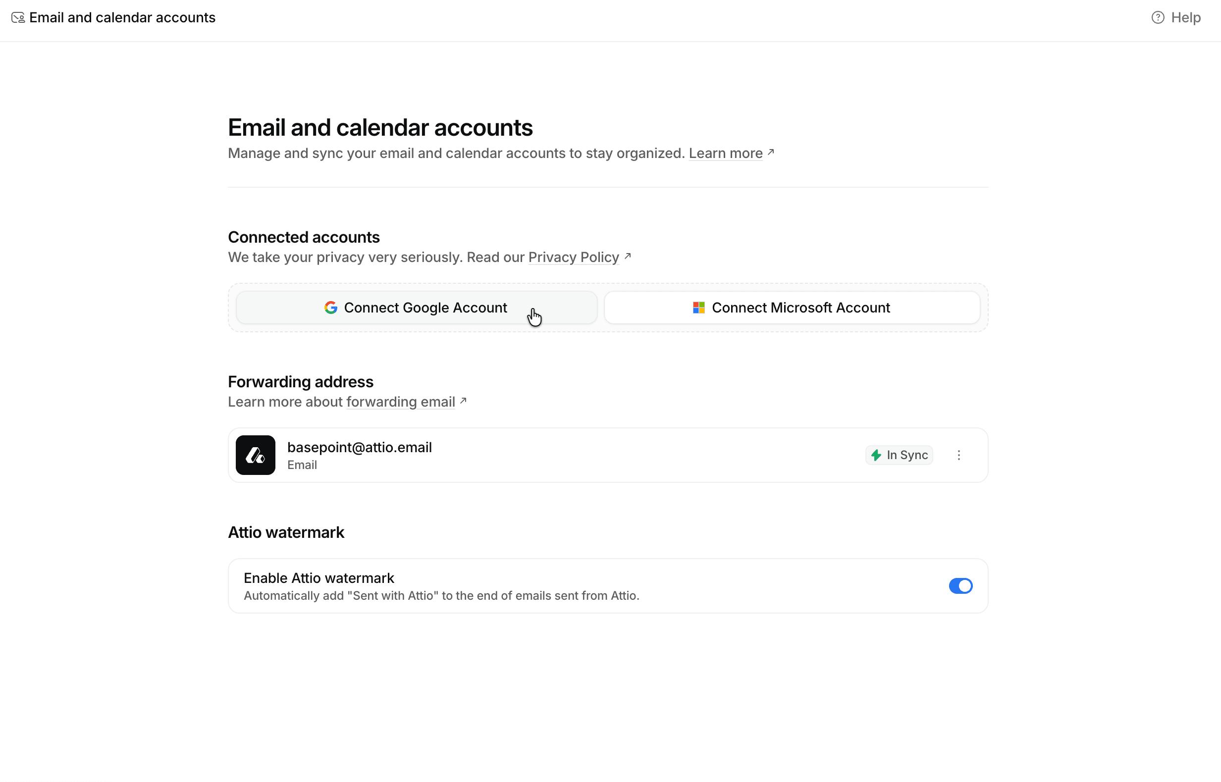 Email and calendar accounts page with Connect Google Account button highlighted