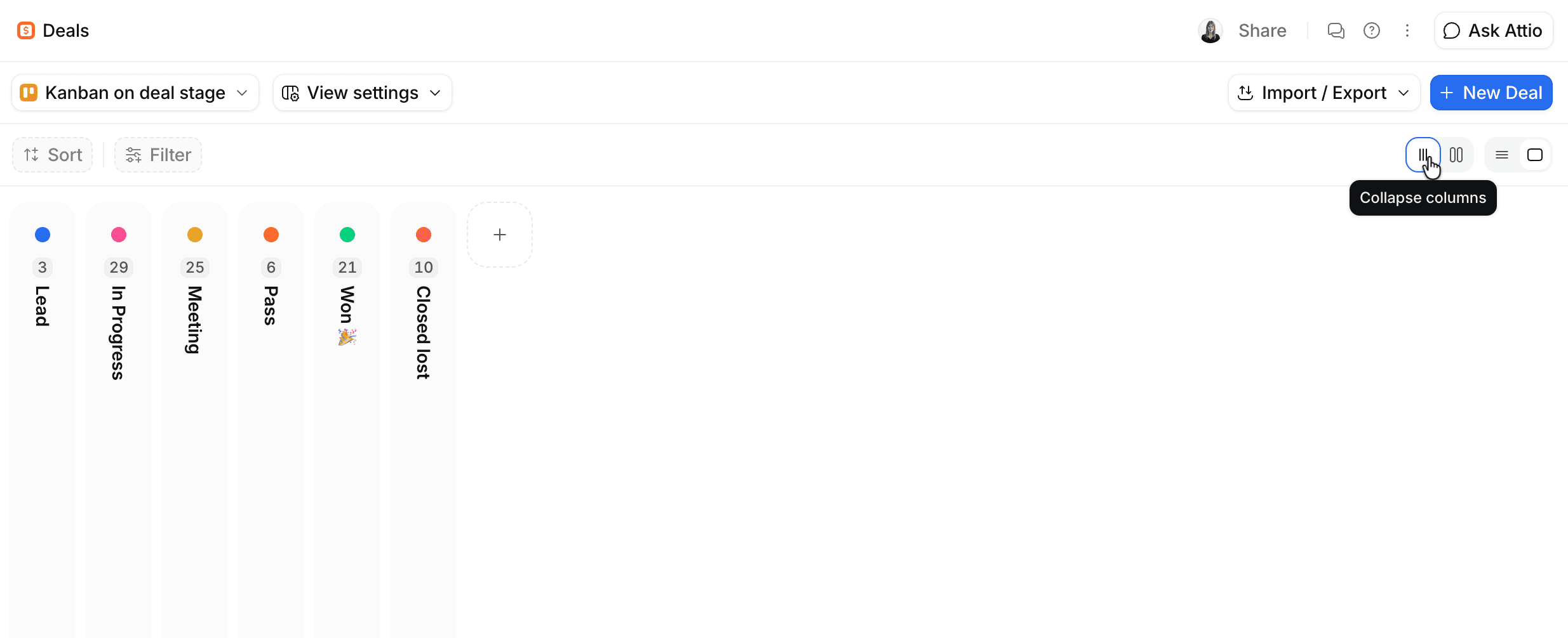 Kanban view with columns collapsed