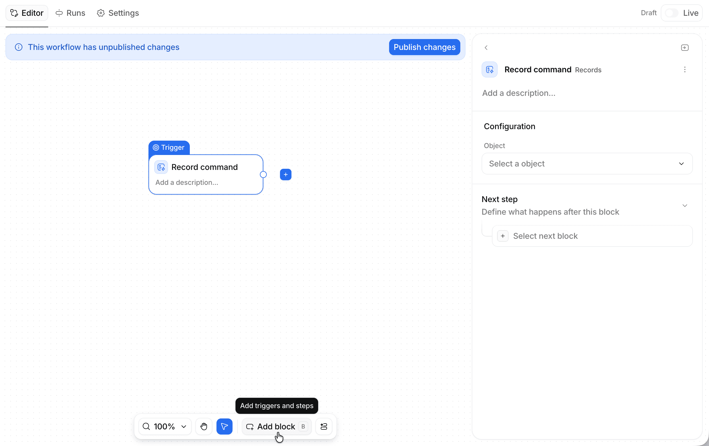 Workflow canvas with a trigger block and toolbar highlighting add block button