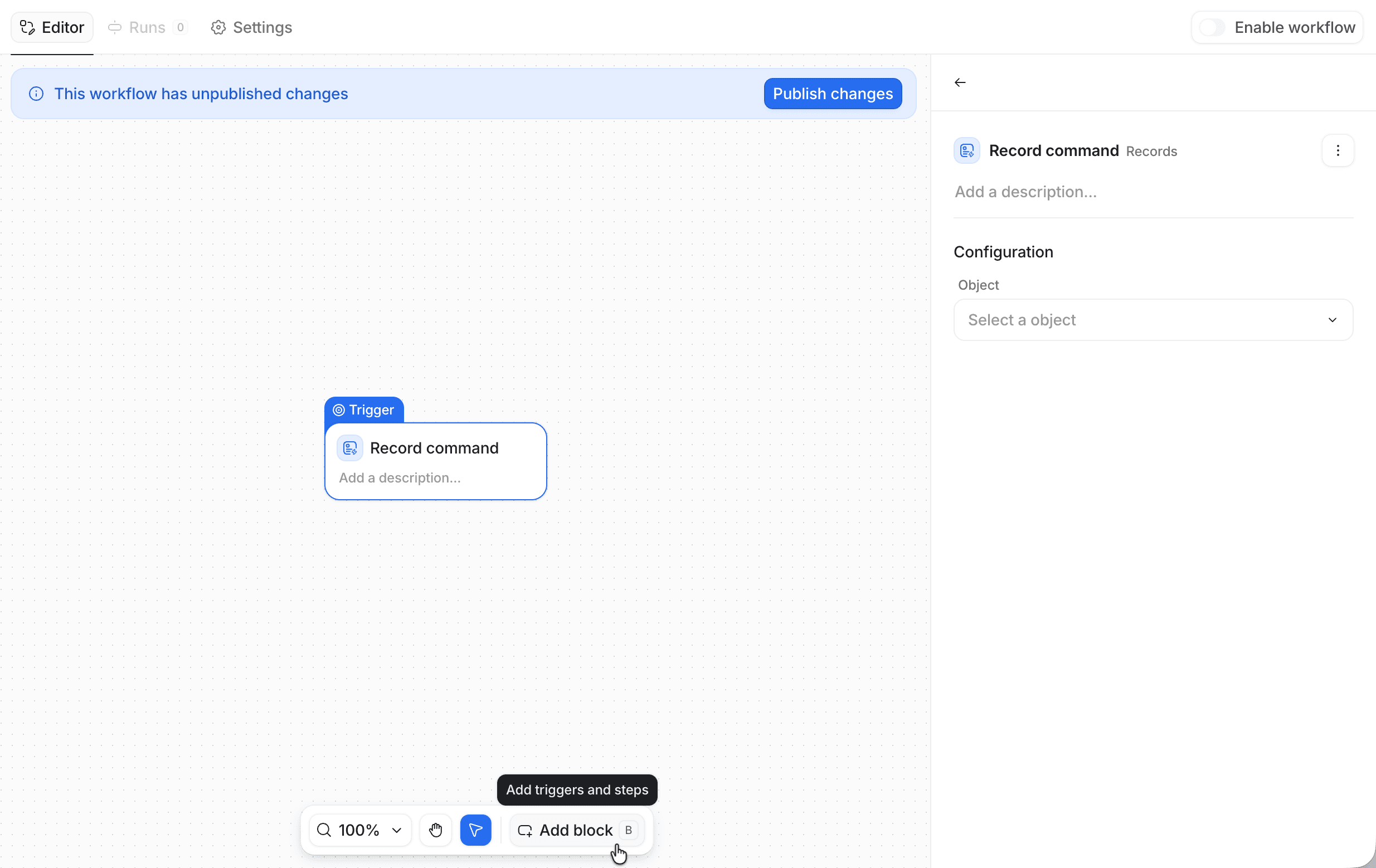 Workflow canvas with a trigger block and toolbar highlighting add block button