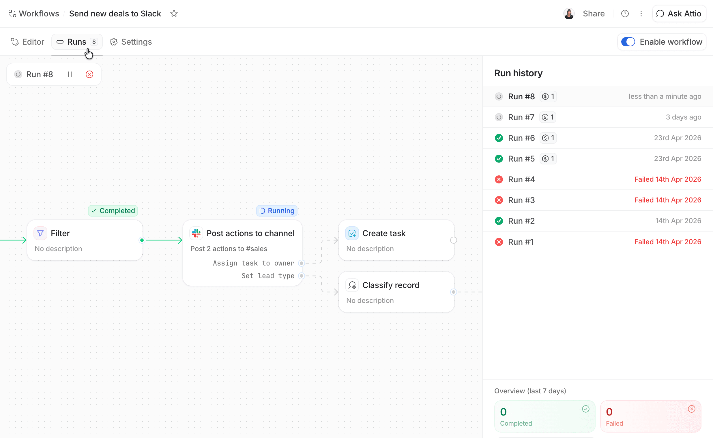 Workflow canvas showing past runs, current run in progress