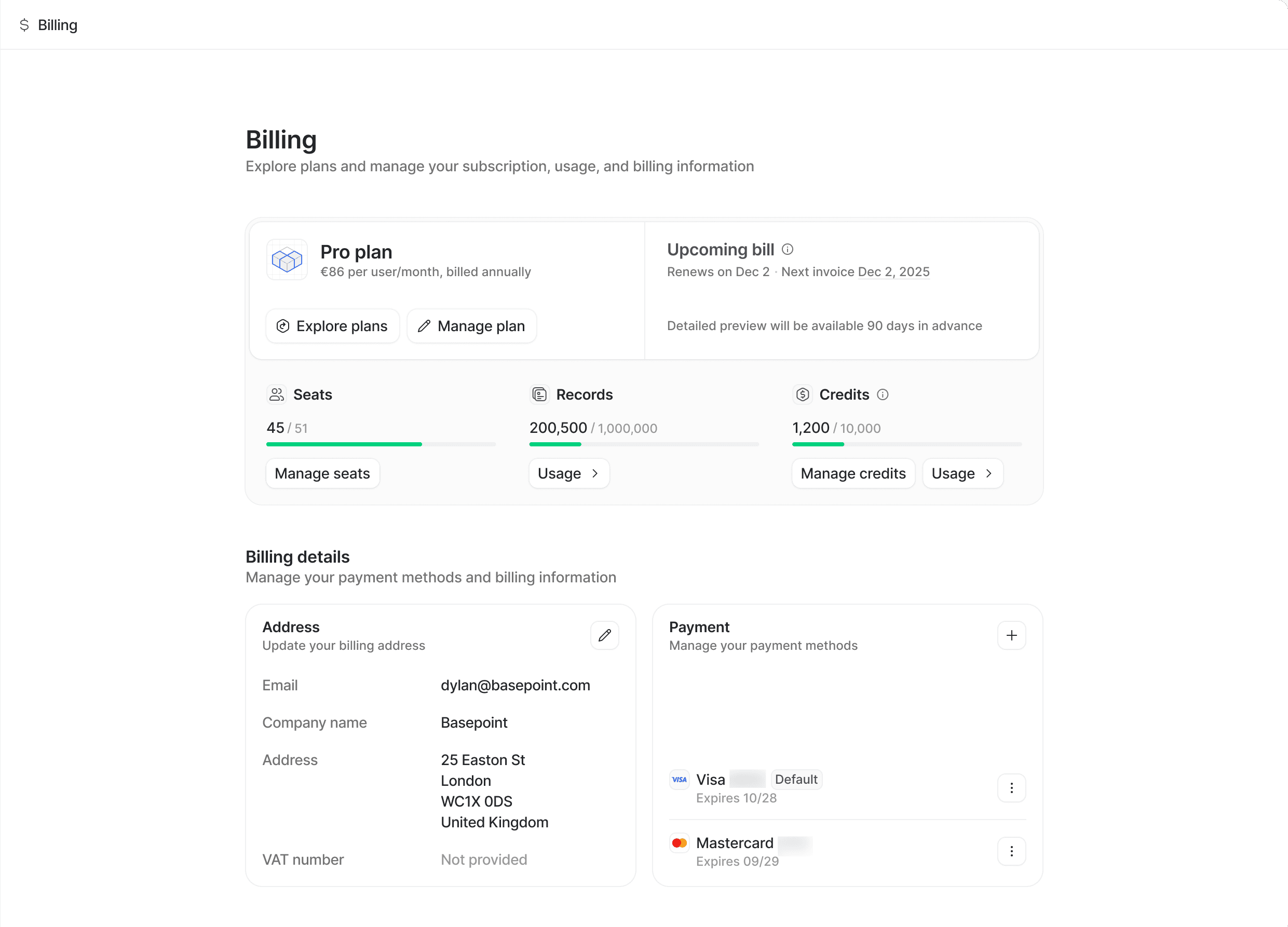 Billing settings page with information and manage buttons for plan, seats, records, credits, and billing details
