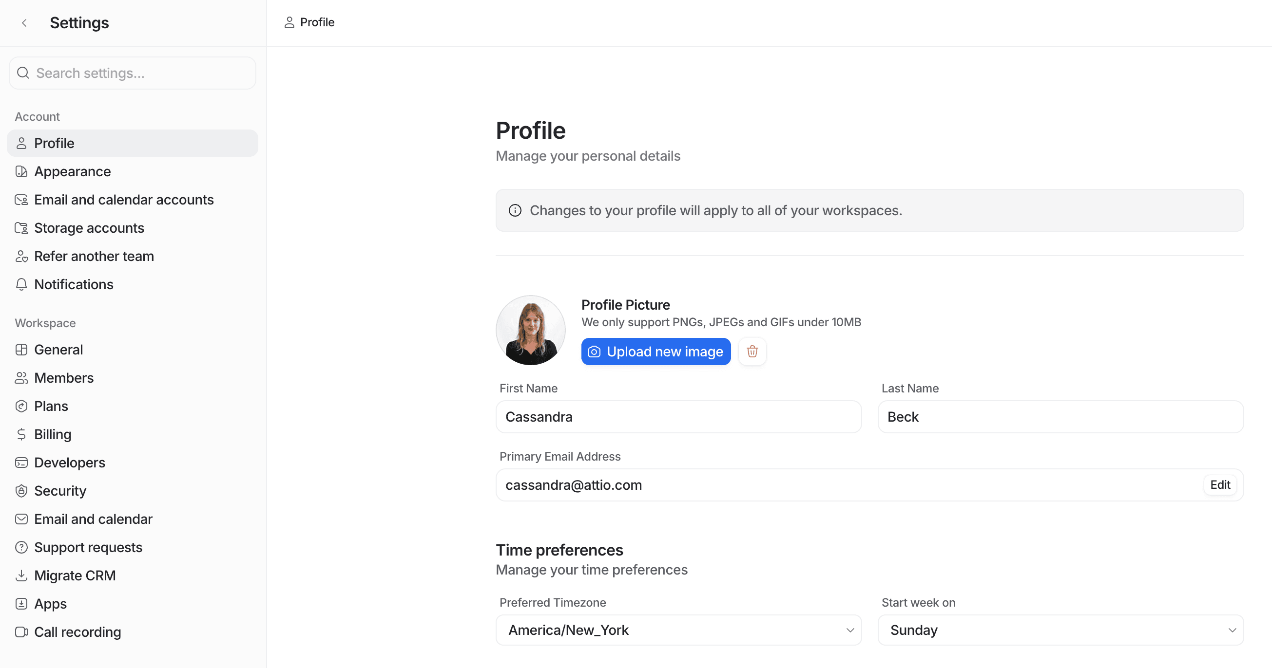 The personal settings page in Attio, where a profile picture or email address can be changed.