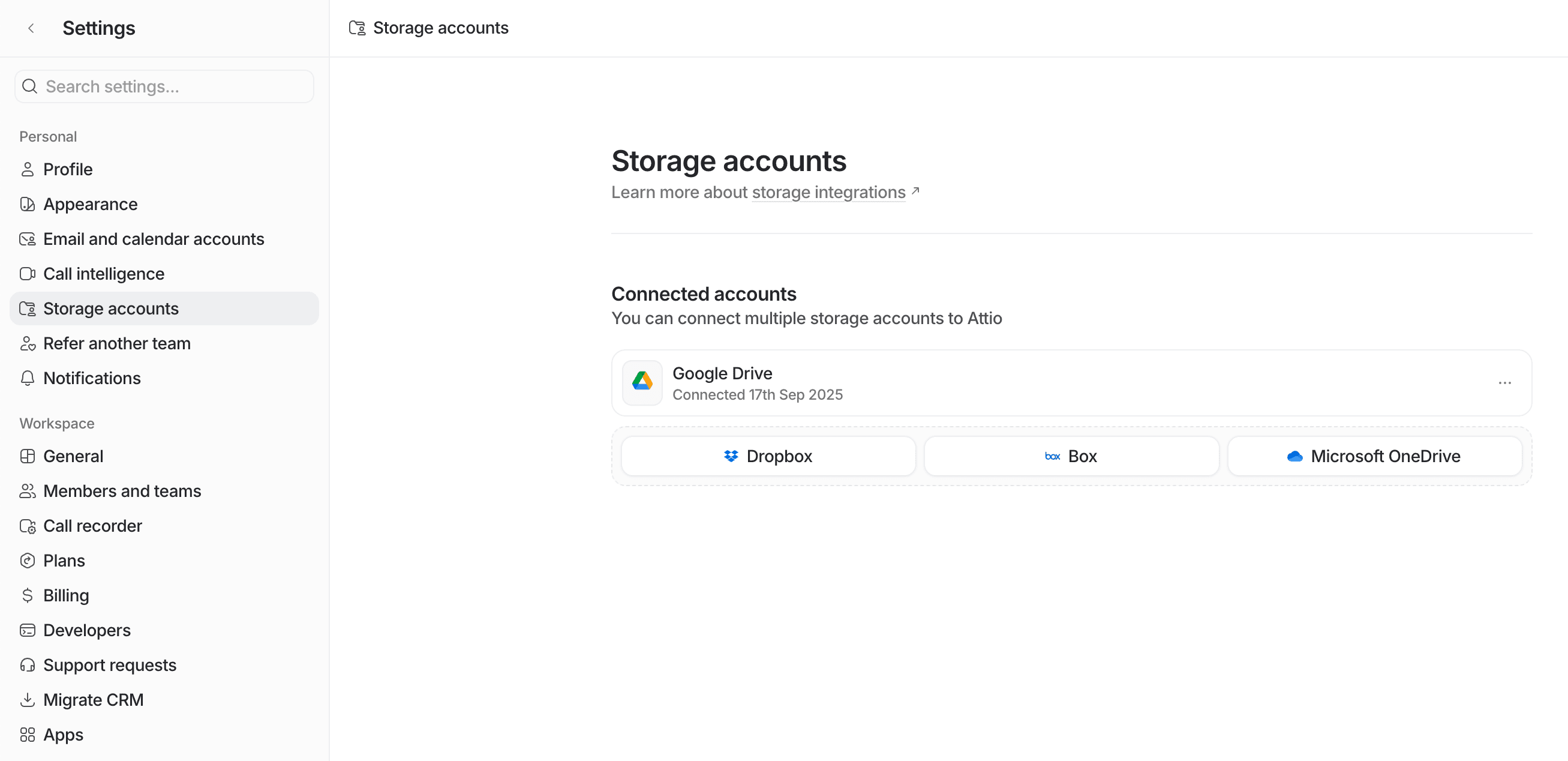 Settings page showing storage account options: Google Drive, Dropbox, Box, and Microsoft OneDrive, with Google Drive connected.