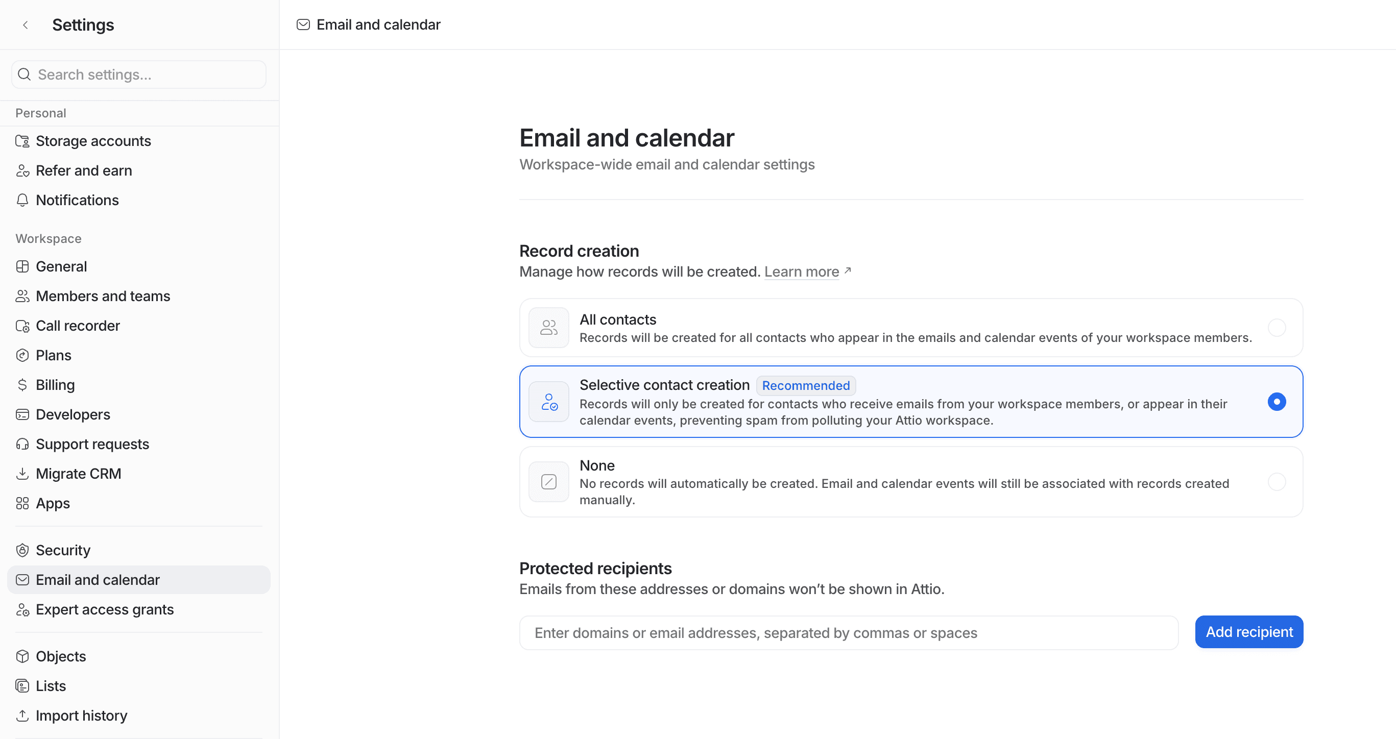 Settings page screenshot: 'Email and calendar' options with 'Selective contact creation' selected, protected recipients field and left sidebar menu.