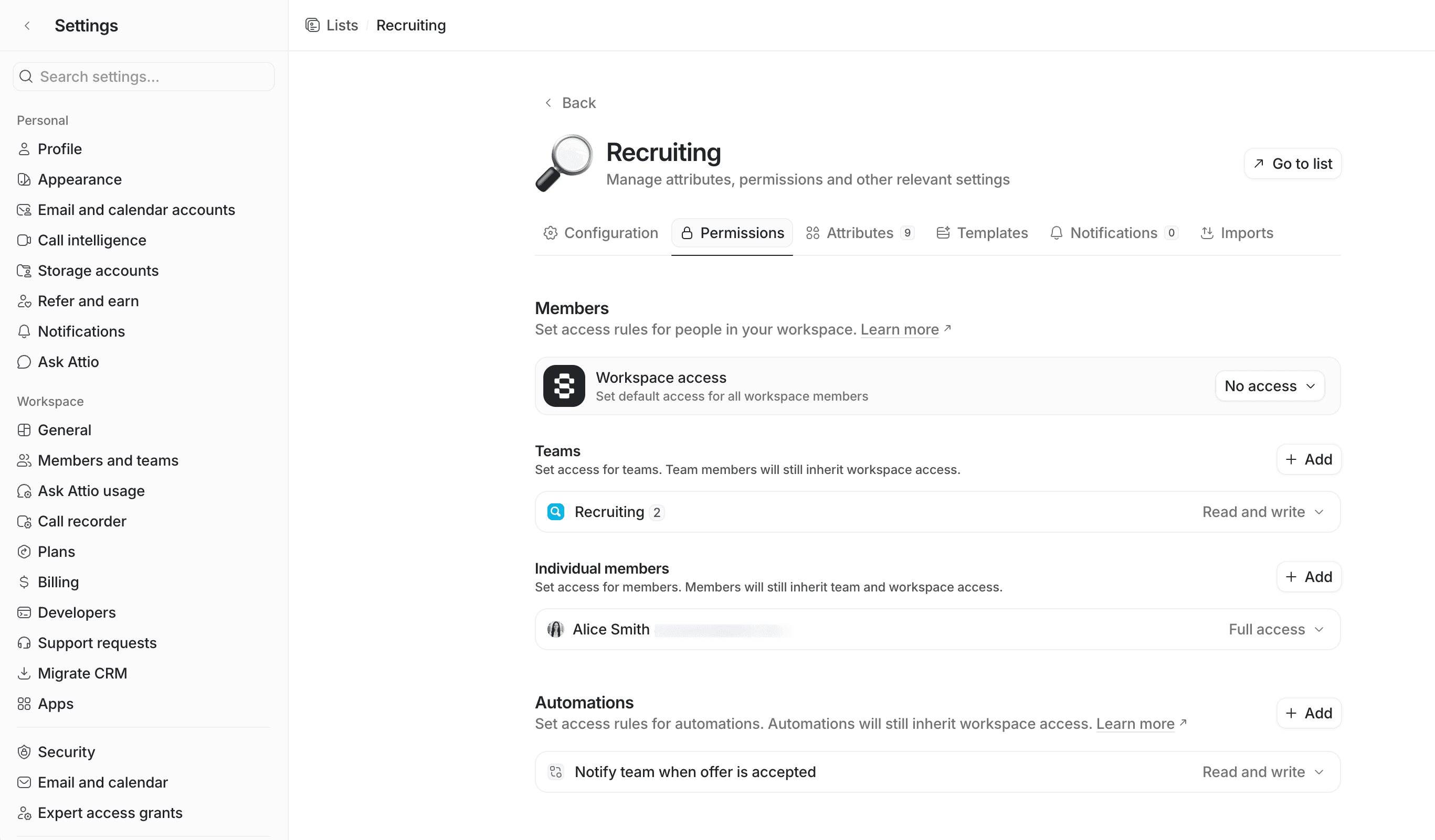 List settings page showing permissions tab with options to update workspace, team, member, and automation access