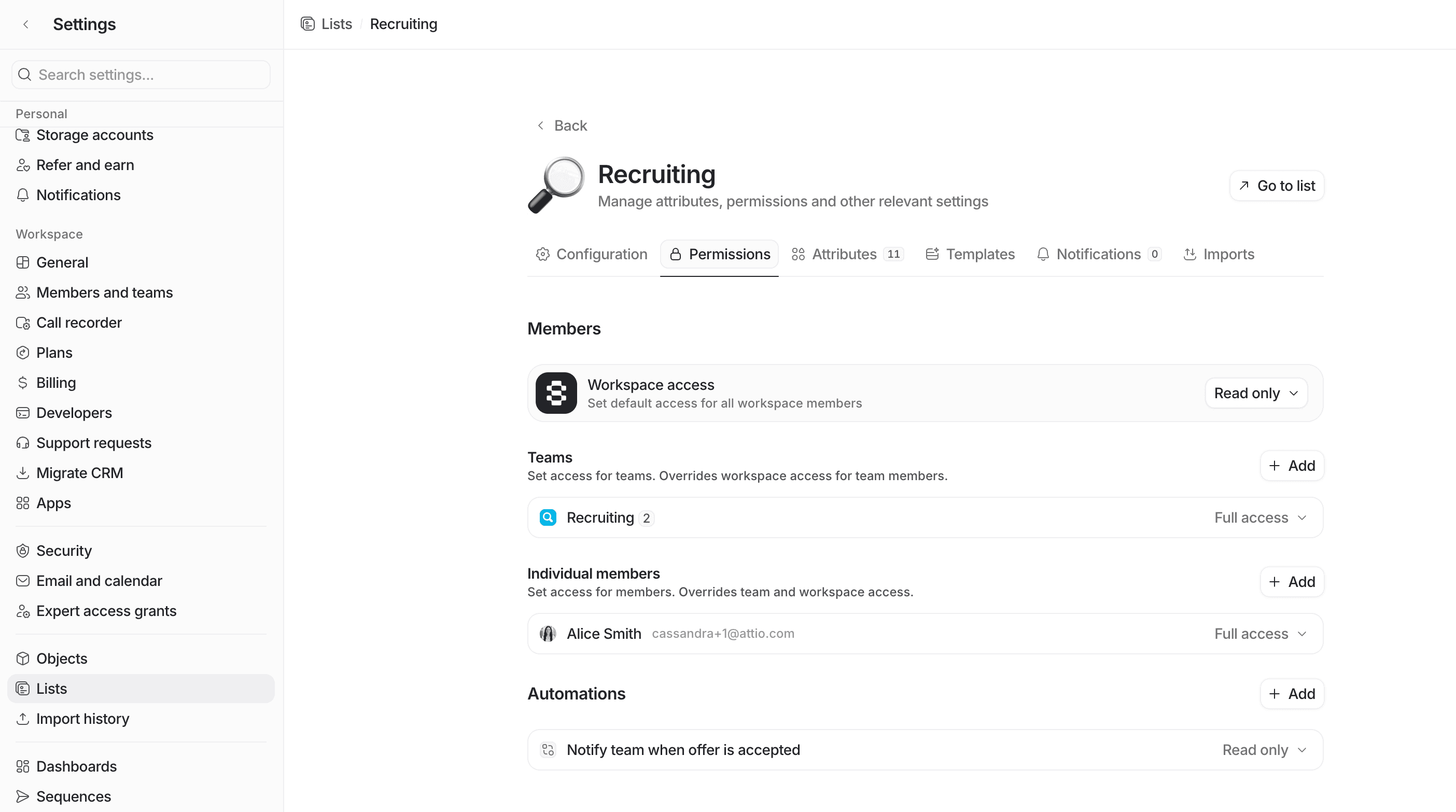 Settings page showing recruitment permissions, with sections for members, teams, individual members, automations, and access configurations.