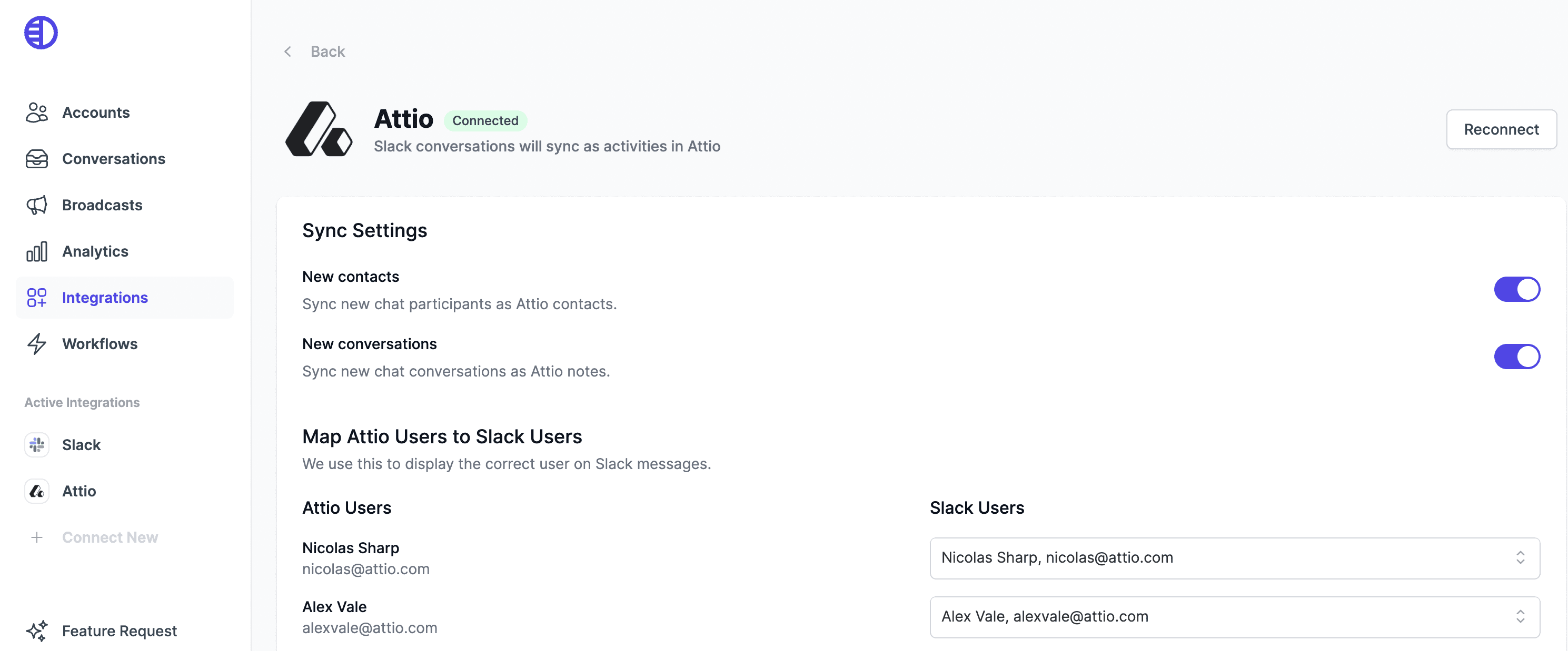 Sync settings page for Pylon's integration with Attio showing options of what to sync and mapping users.