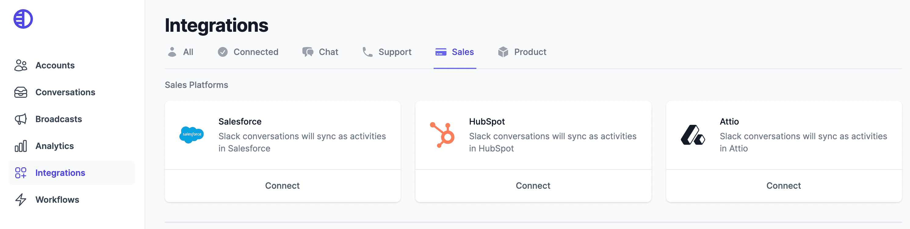 Page showing Sales integration options for Pylon, including Attio with a Connect button.