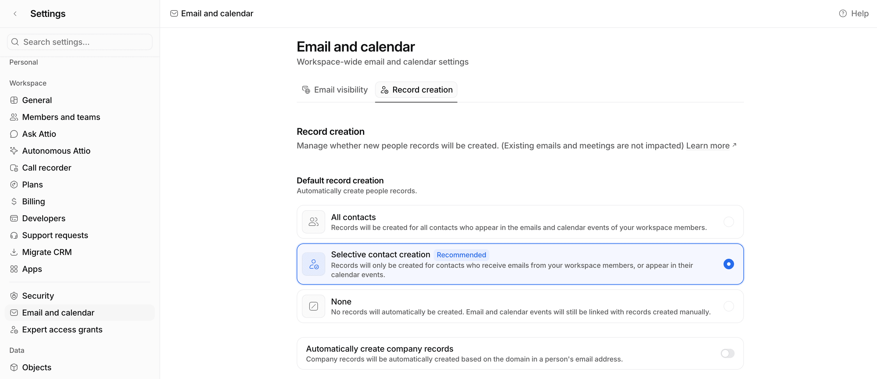 Email and calendar workspace settings page showing record creation settings