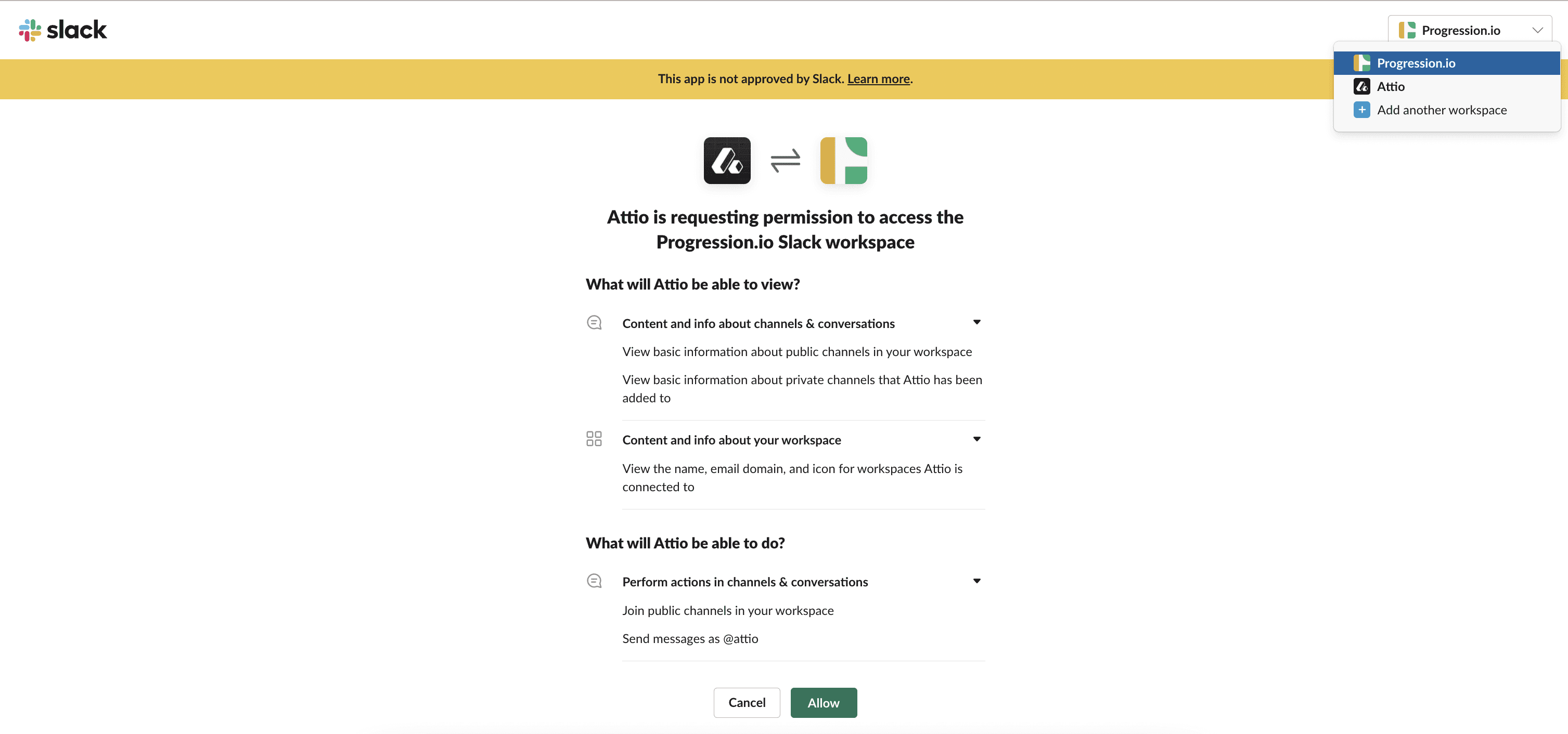 Page showing that Attio is requesting access to a Slack workspace with a dropdown menu in the upper right showing the option to choose a Slack workspace and listing the permissions Attio will be given.