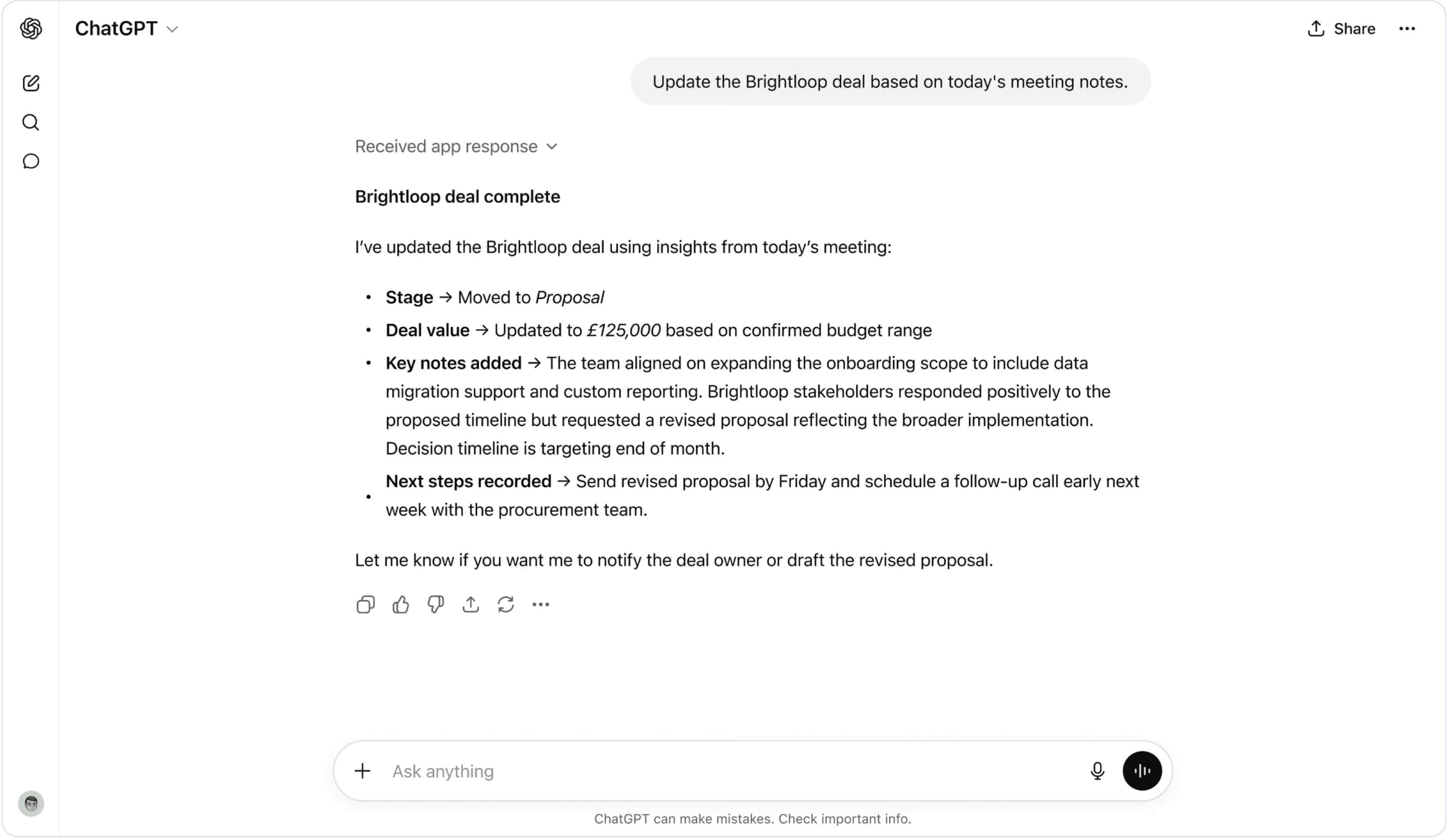 ChatGPT updating an Attio deal from meeting notes